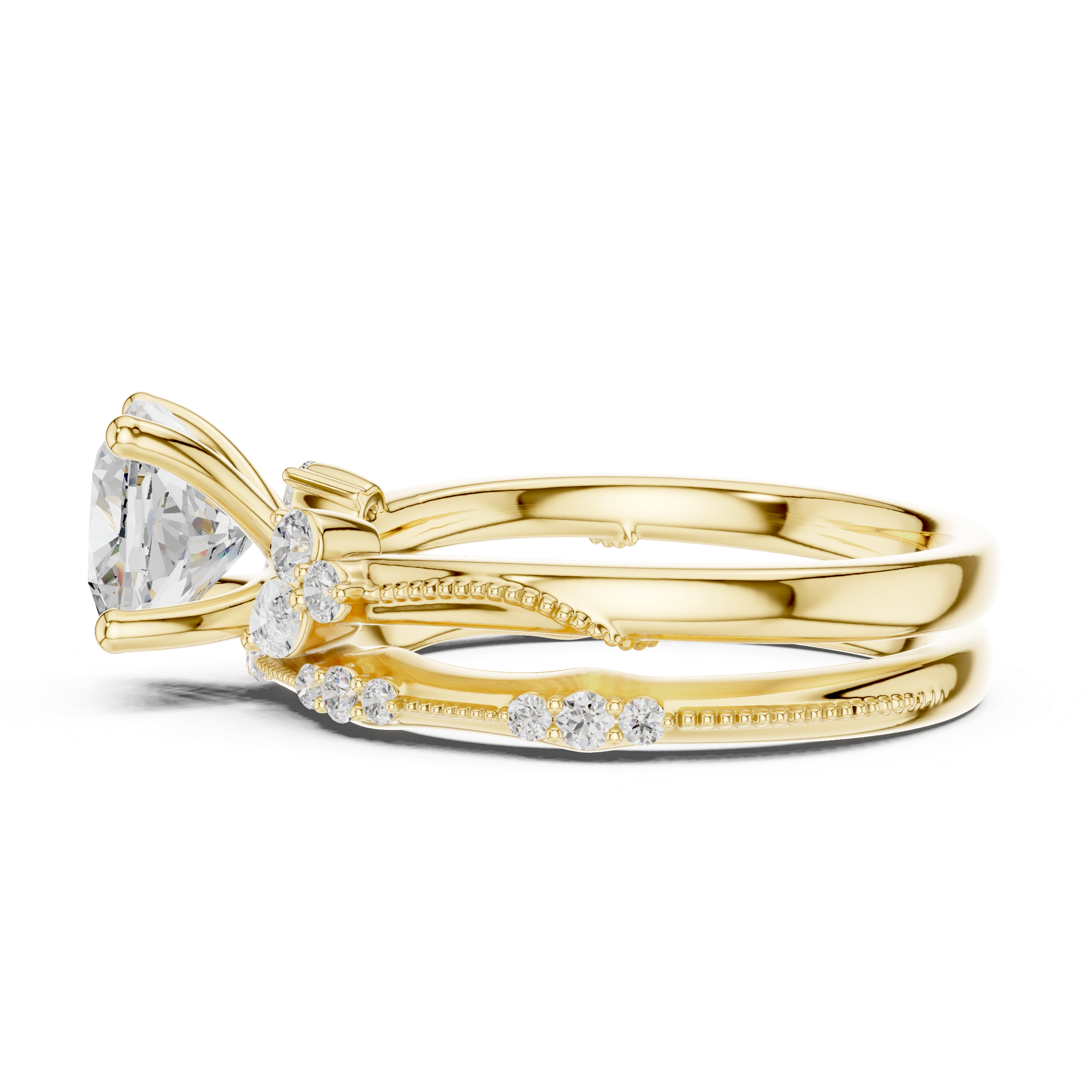 Vintage Inspired Cushion Cut Bridal Ring Set with Marquise and Pavé Diamond Accents
