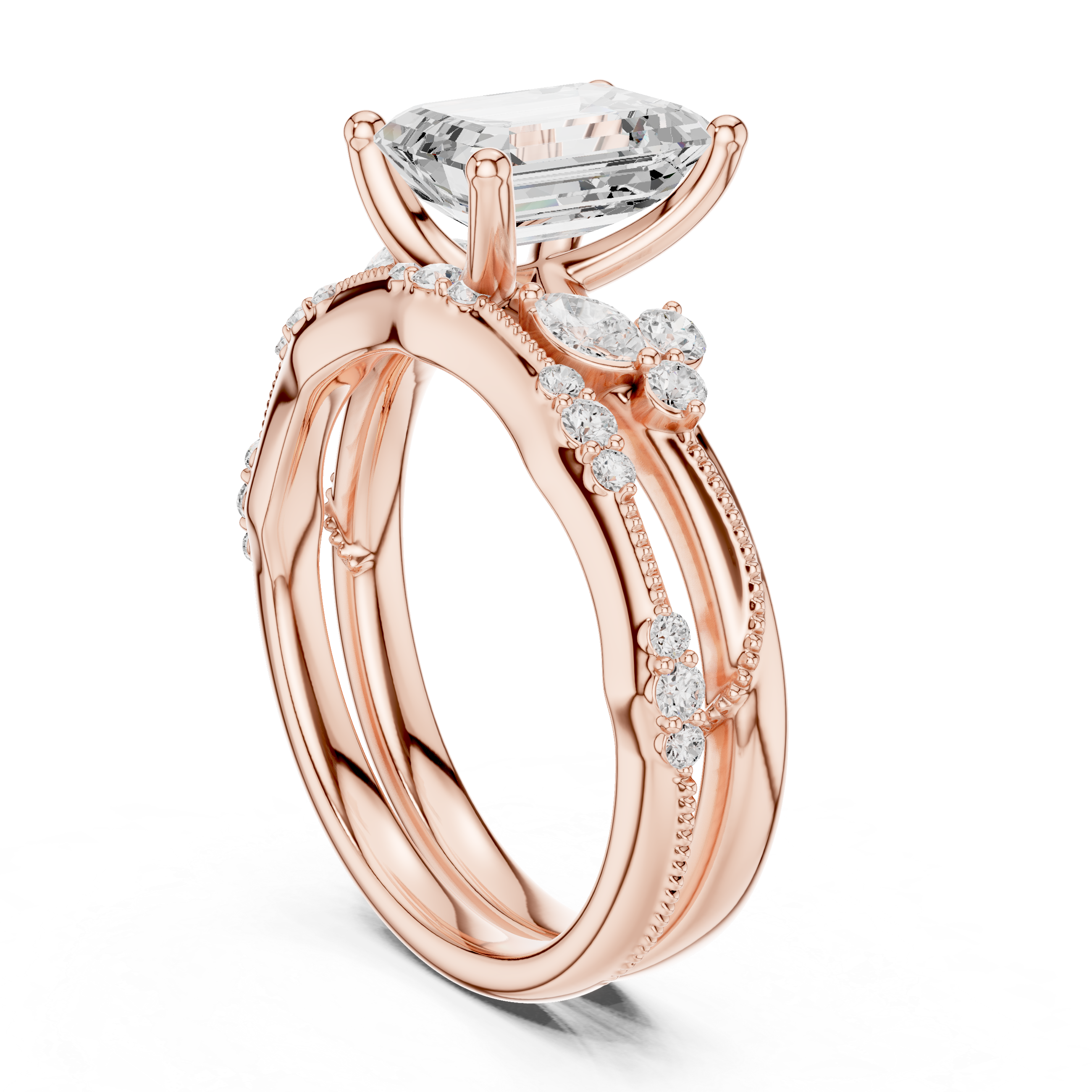 Vintage Emerald Cut Bridal Ring Set with Marquise Diamond Accents and Milgrain Detail