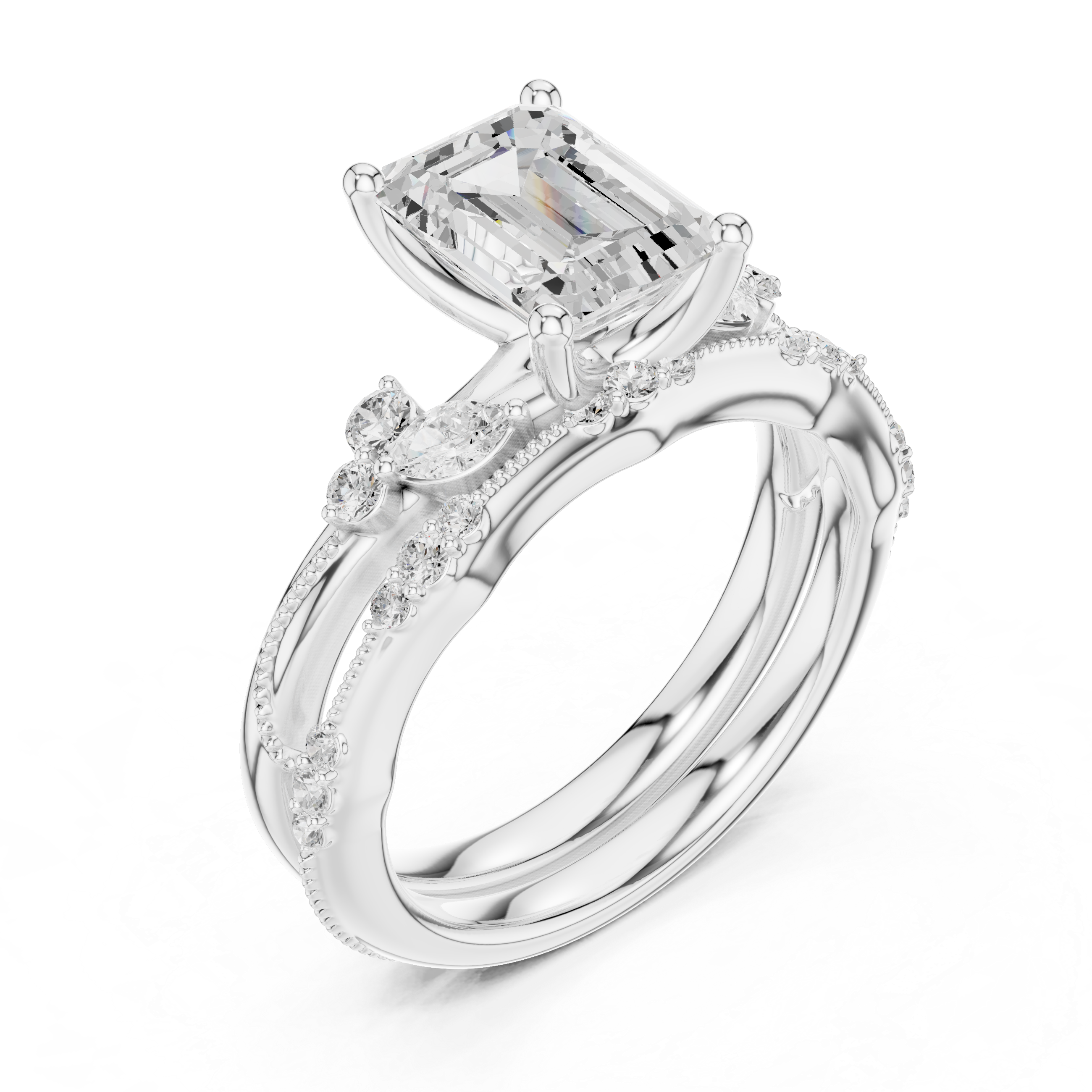 Vintage Emerald Cut Bridal Ring Set with Marquise Diamond Accents and Milgrain Detail