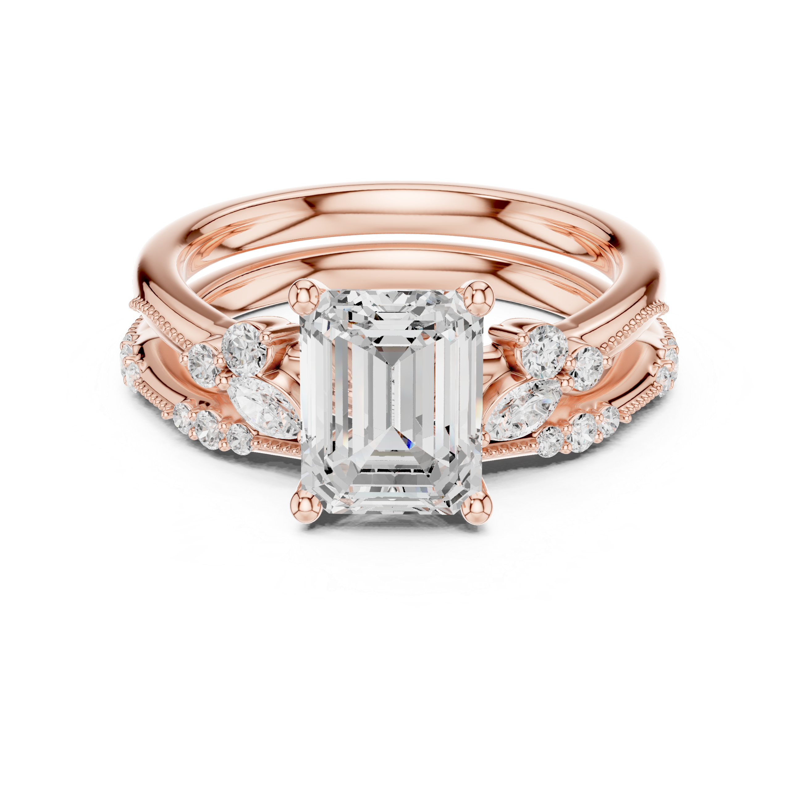 Vintage Emerald Cut Bridal Ring Set with Marquise Diamond Accents and Milgrain Detail