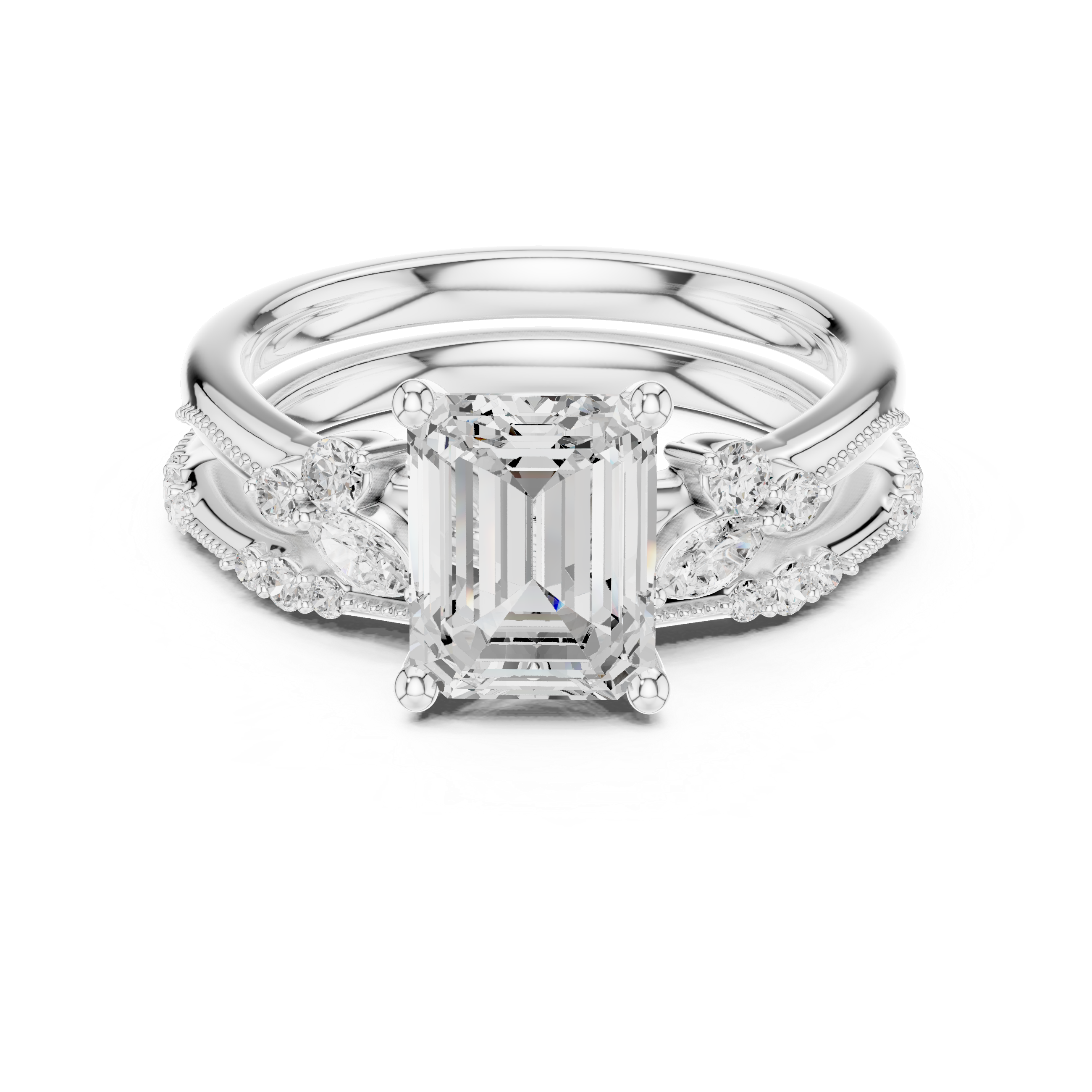 Vintage Emerald Cut Bridal Ring Set with Marquise Diamond Accents and Milgrain Detail