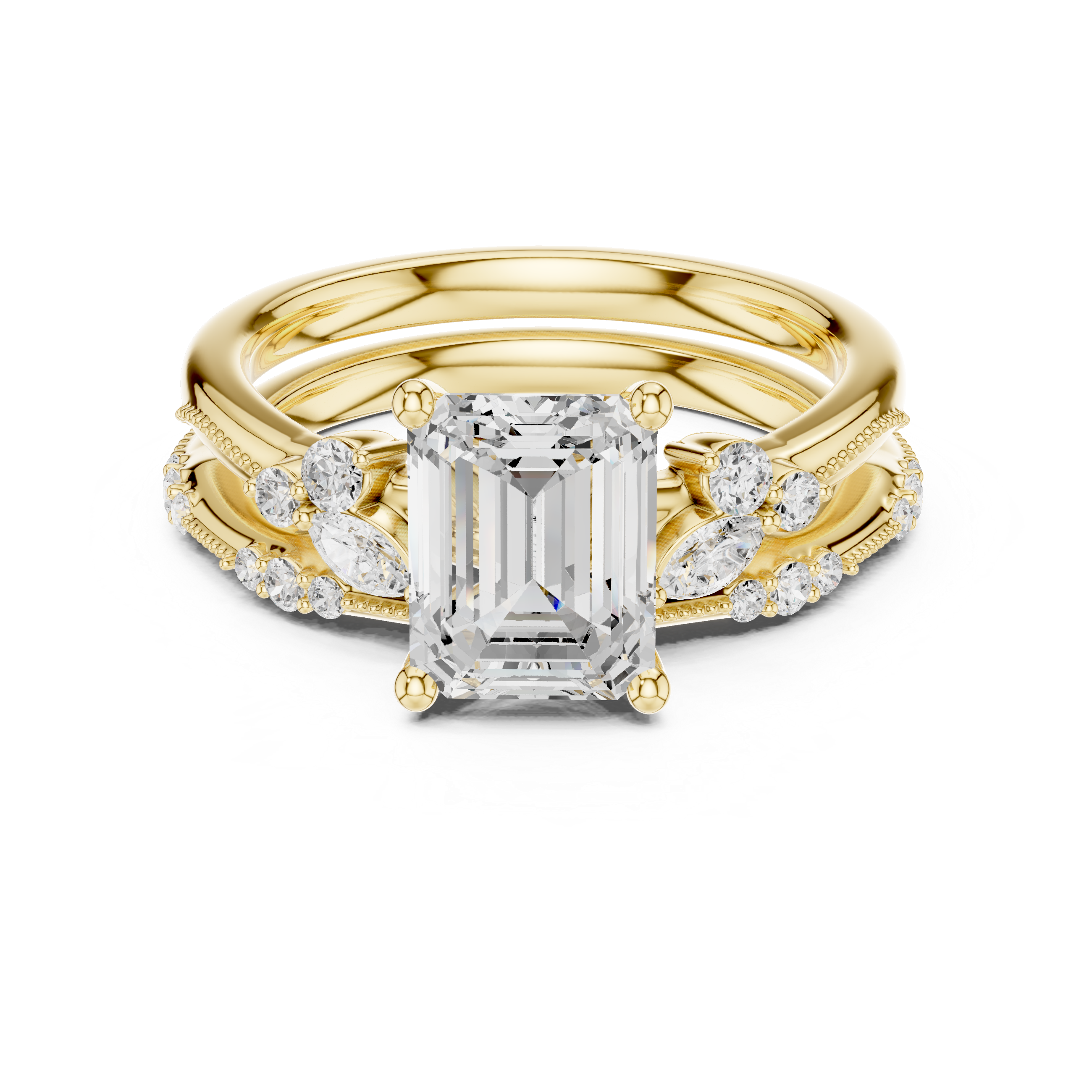 Vintage Emerald Cut Bridal Ring Set with Marquise Diamond Accents and Milgrain Detail