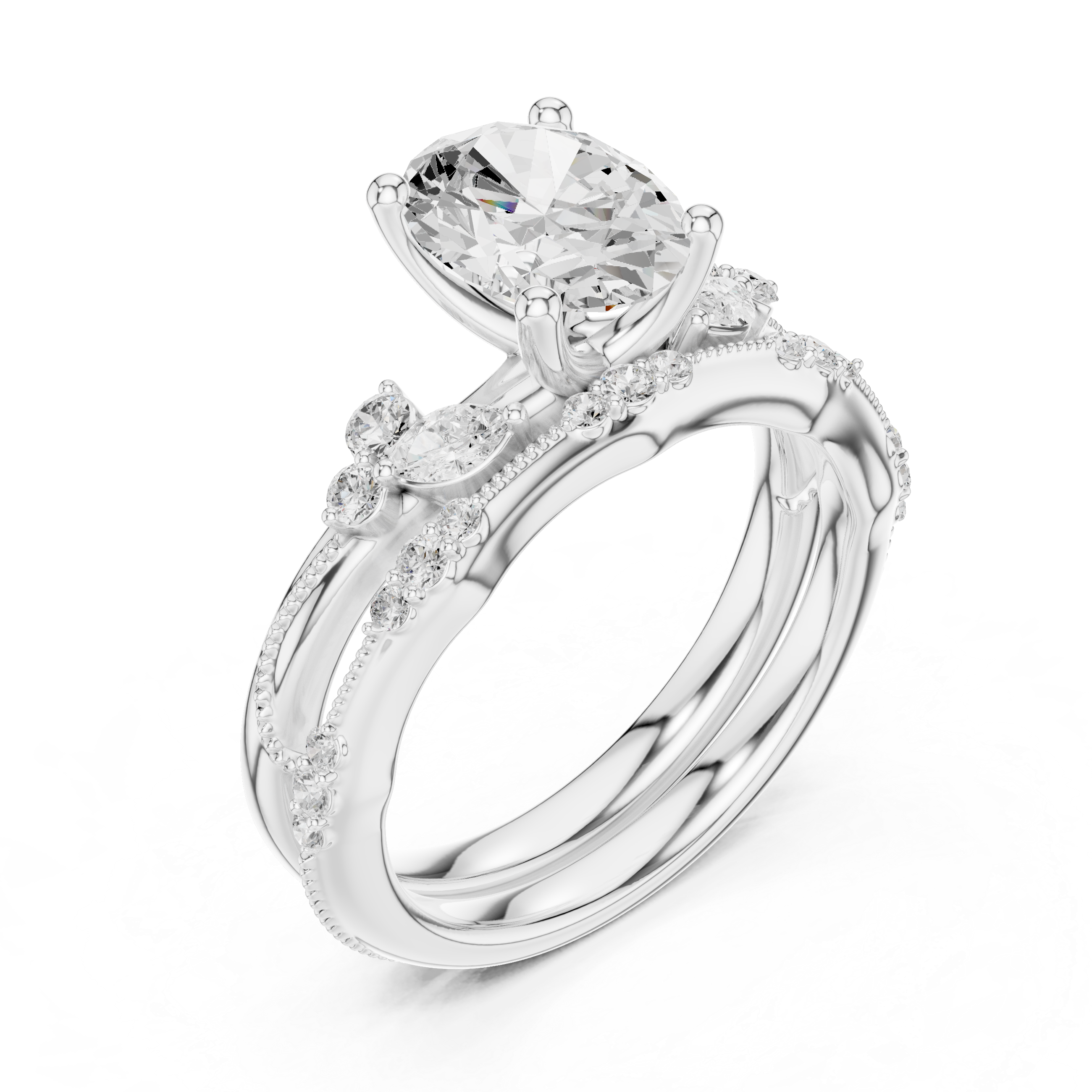 Vintage Oval Cut Bridal Ring Set with Marquise Diamond Accents and Milgrain Detailing