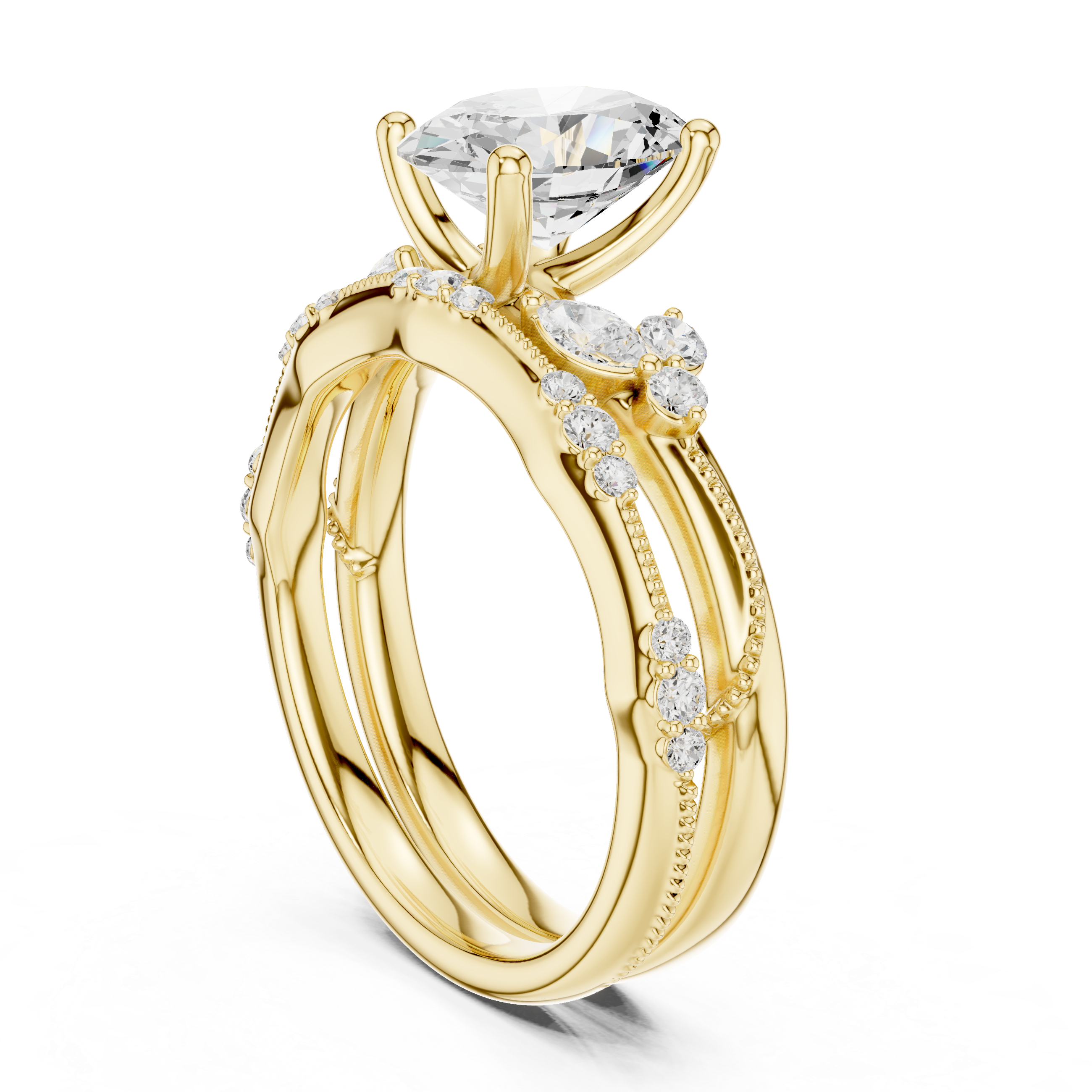 Vintage Oval Cut Bridal Ring Set with Marquise Diamond Accents and Milgrain Detailing