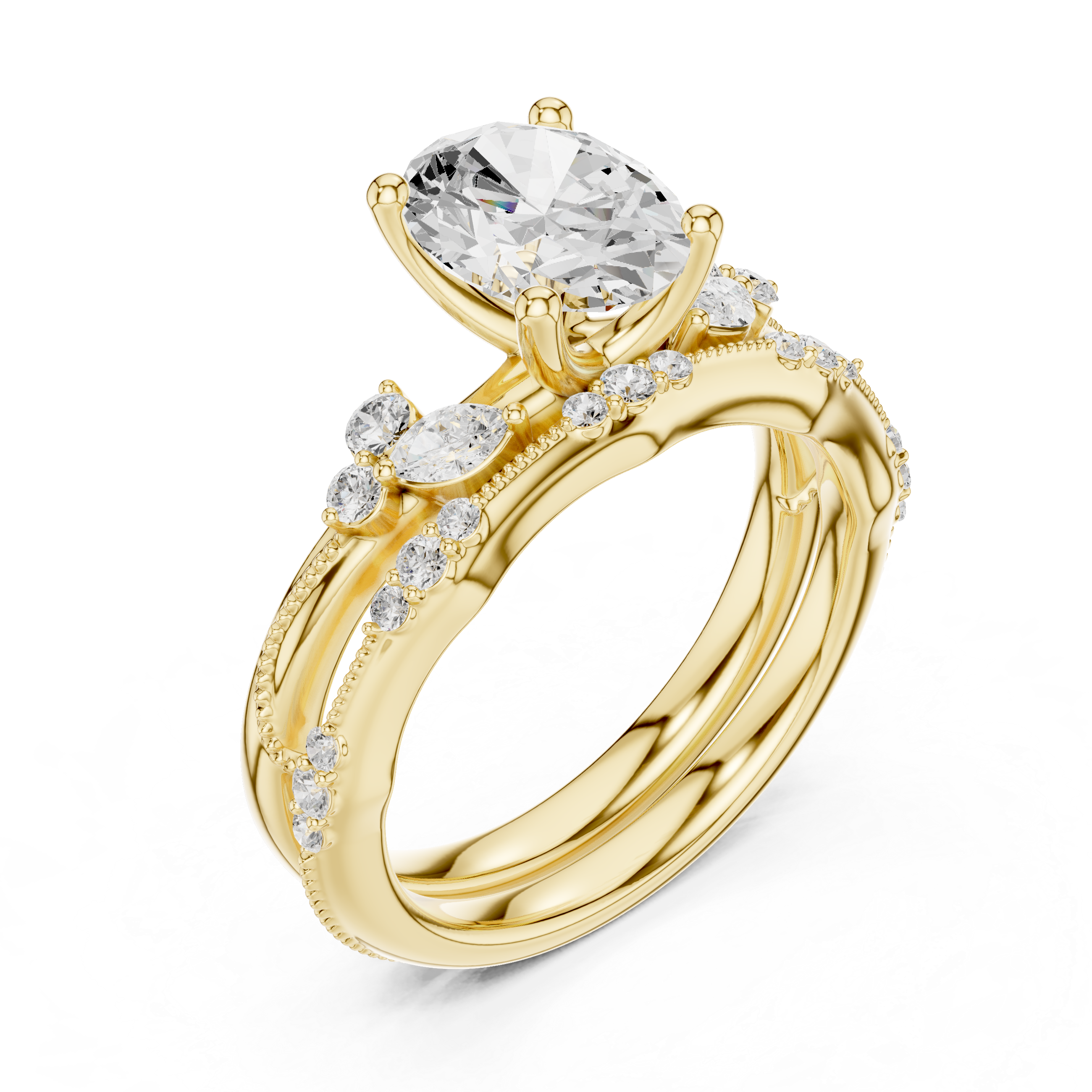 Vintage Oval Cut Bridal Ring Set with Marquise Diamond Accents and Milgrain Detailing