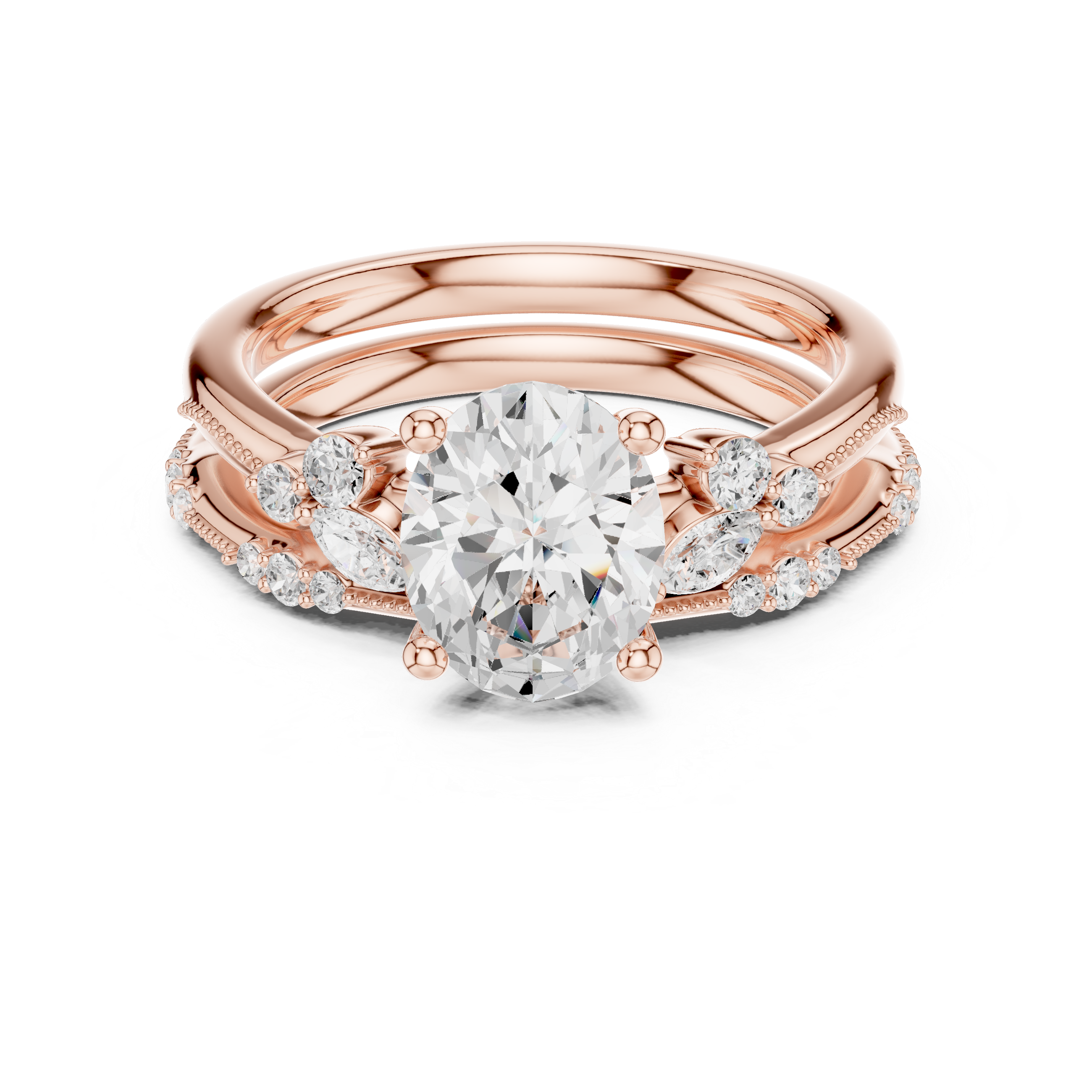 Vintage Oval Cut Bridal Ring Set with Marquise Diamond Accents and Milgrain Detailing