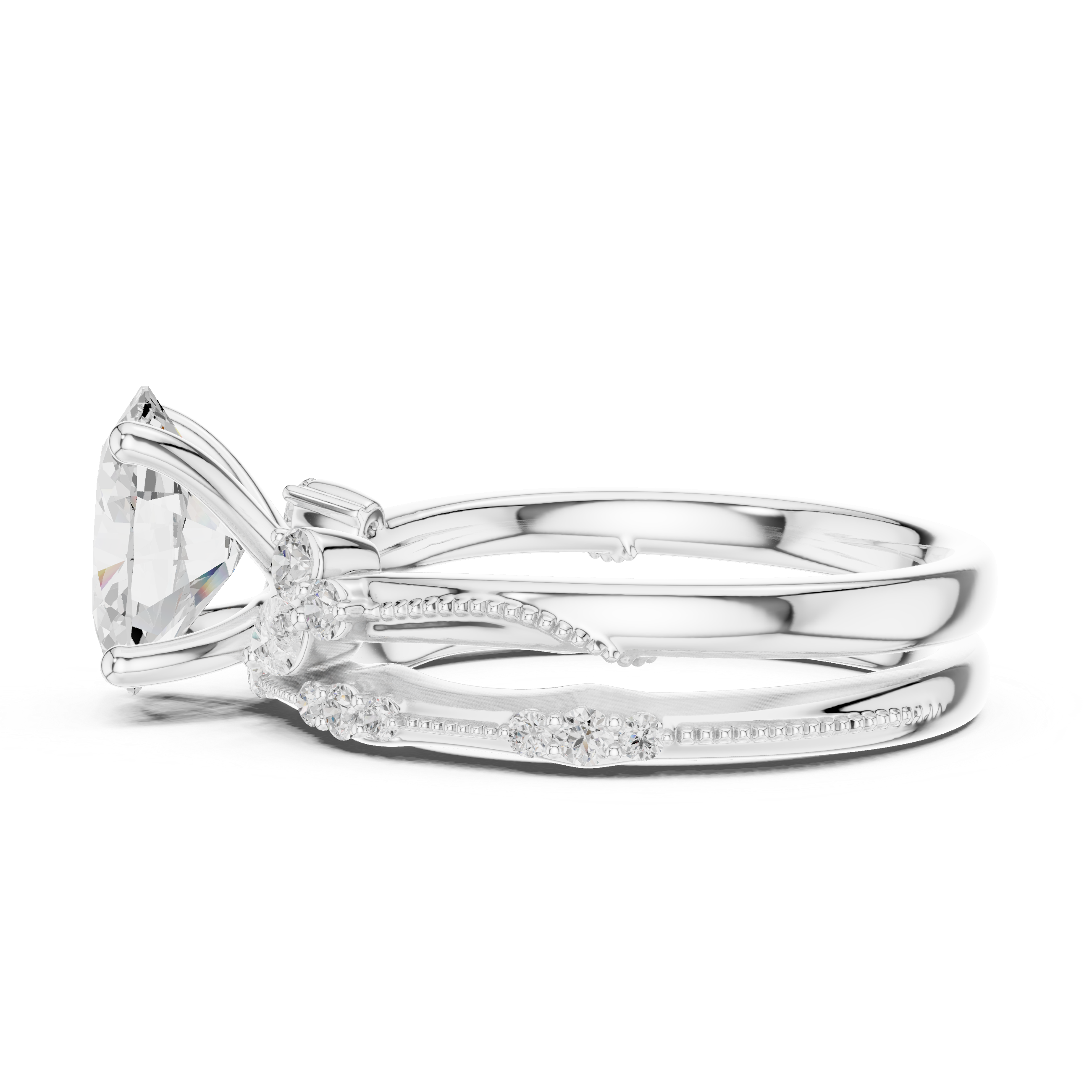 Vintage Oval Cut Bridal Ring Set with Marquise Diamond Accents and Milgrain Detailing