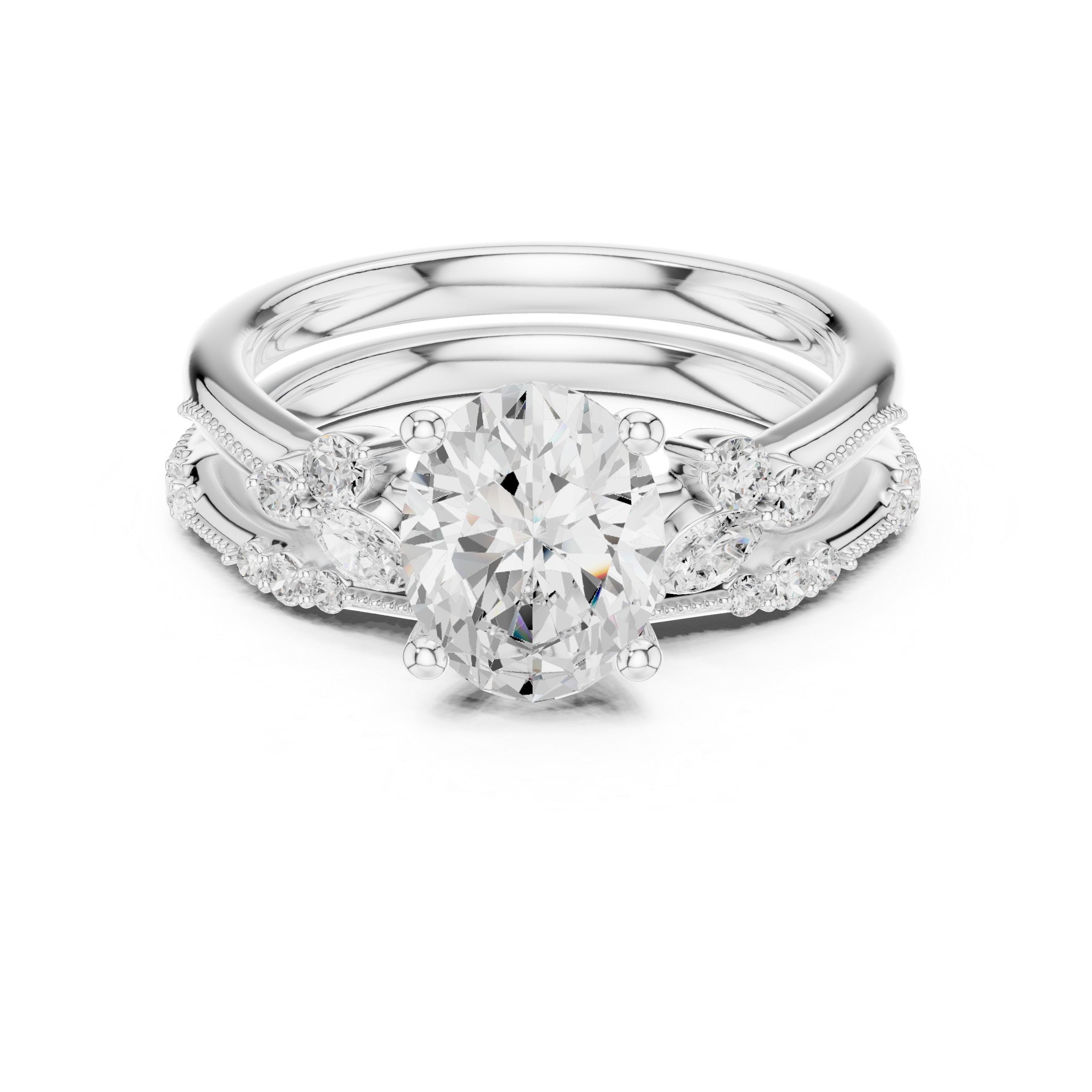 Vintage Oval Cut Bridal Ring Set with Marquise Diamond Accents and Milgrain Detailing
