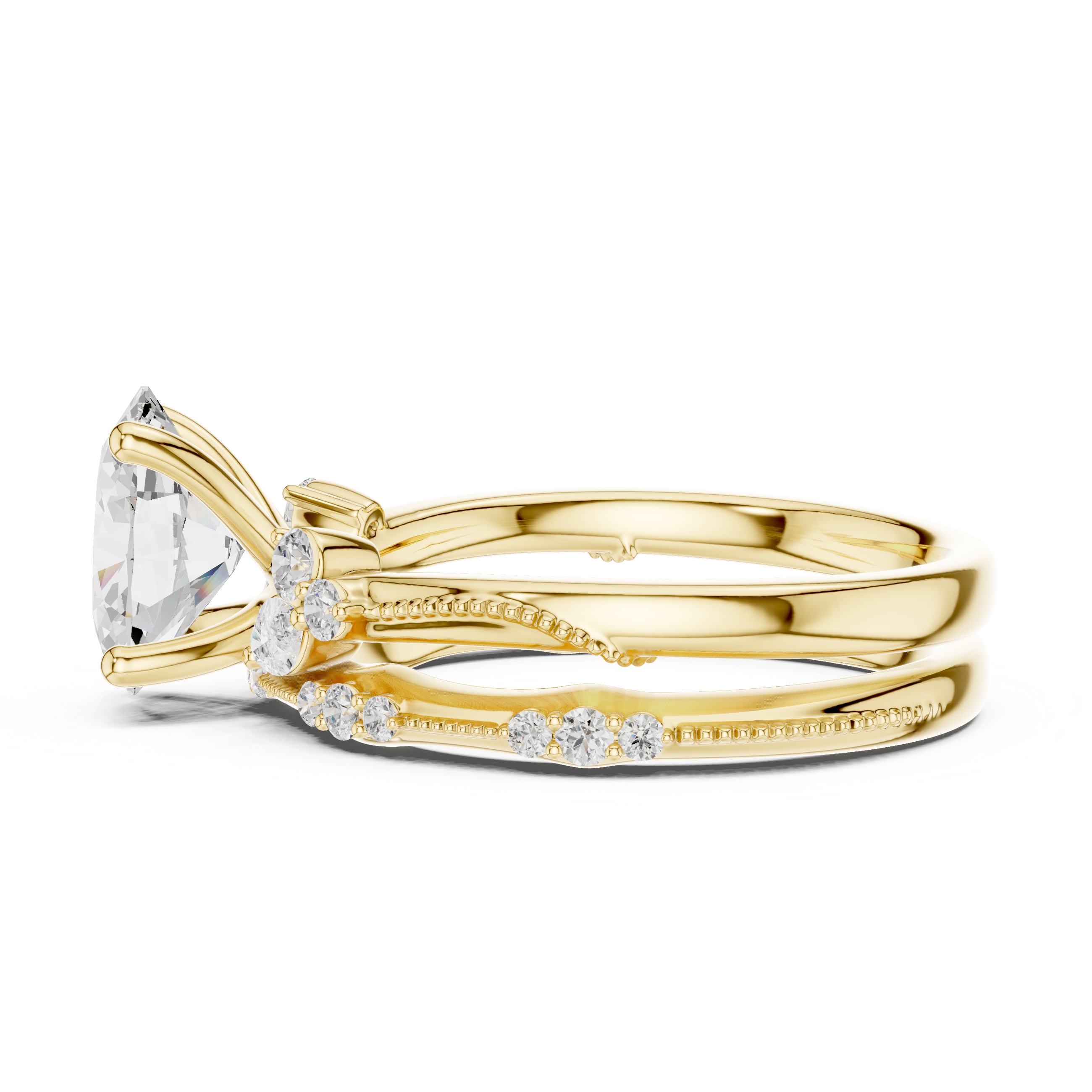 Vintage Oval Cut Bridal Ring Set with Marquise Diamond Accents and Milgrain Detailing