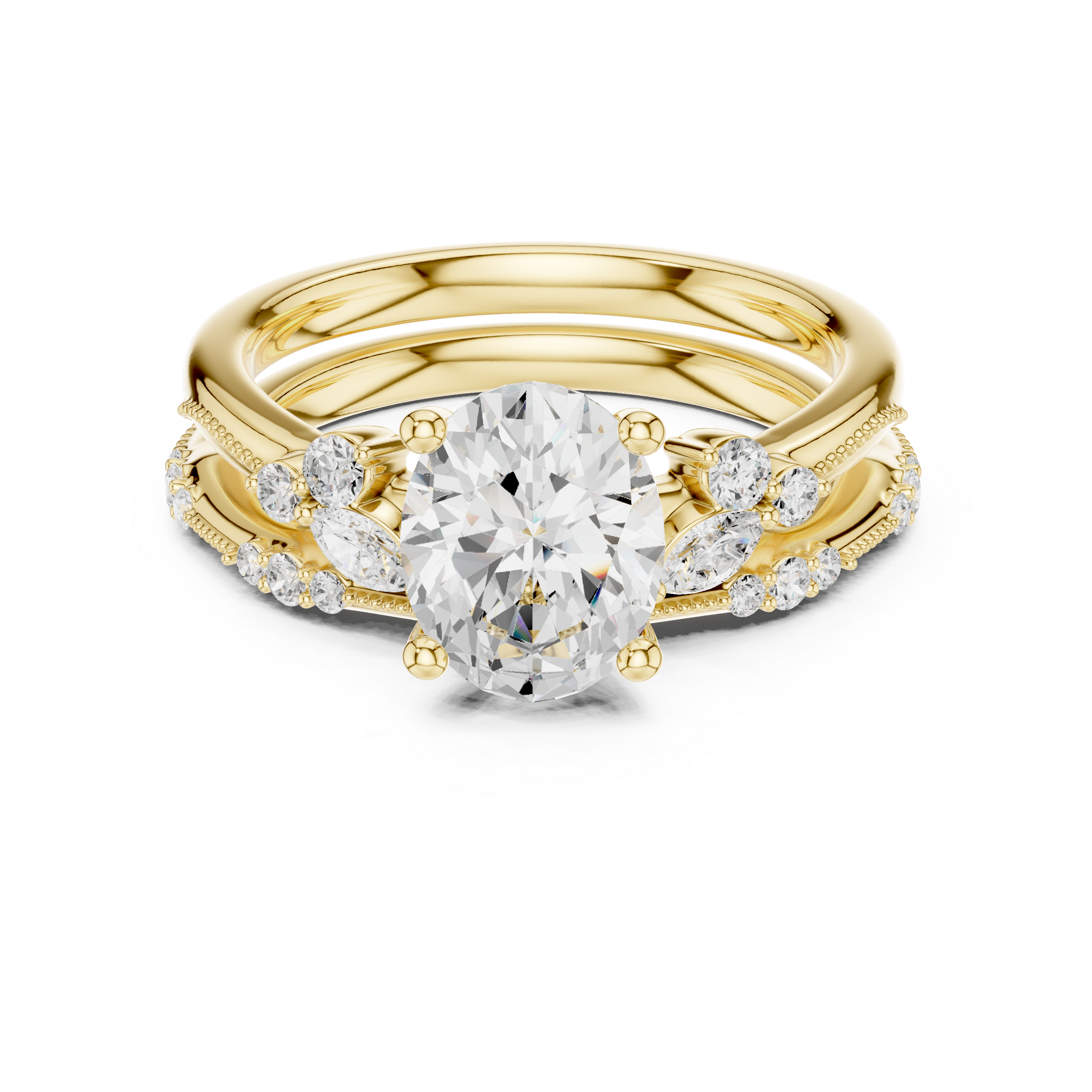 Vintage Oval Cut Bridal Ring Set with Marquise Diamond Accents and Milgrain Detailing