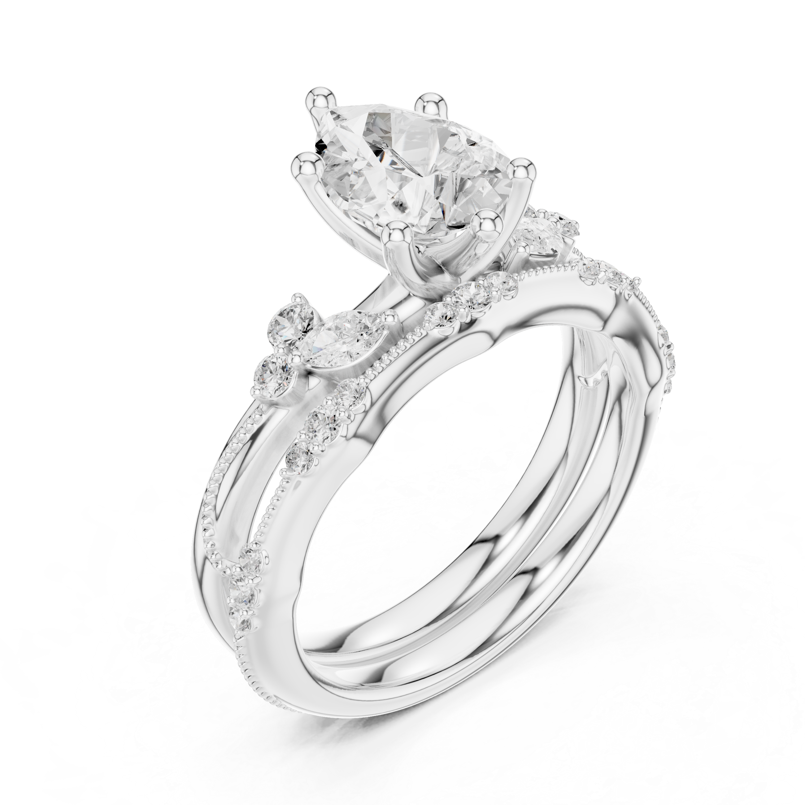 Vintage Pear Cut Bridal Ring Set with Marquise Diamond Accents and Milgrain Detail