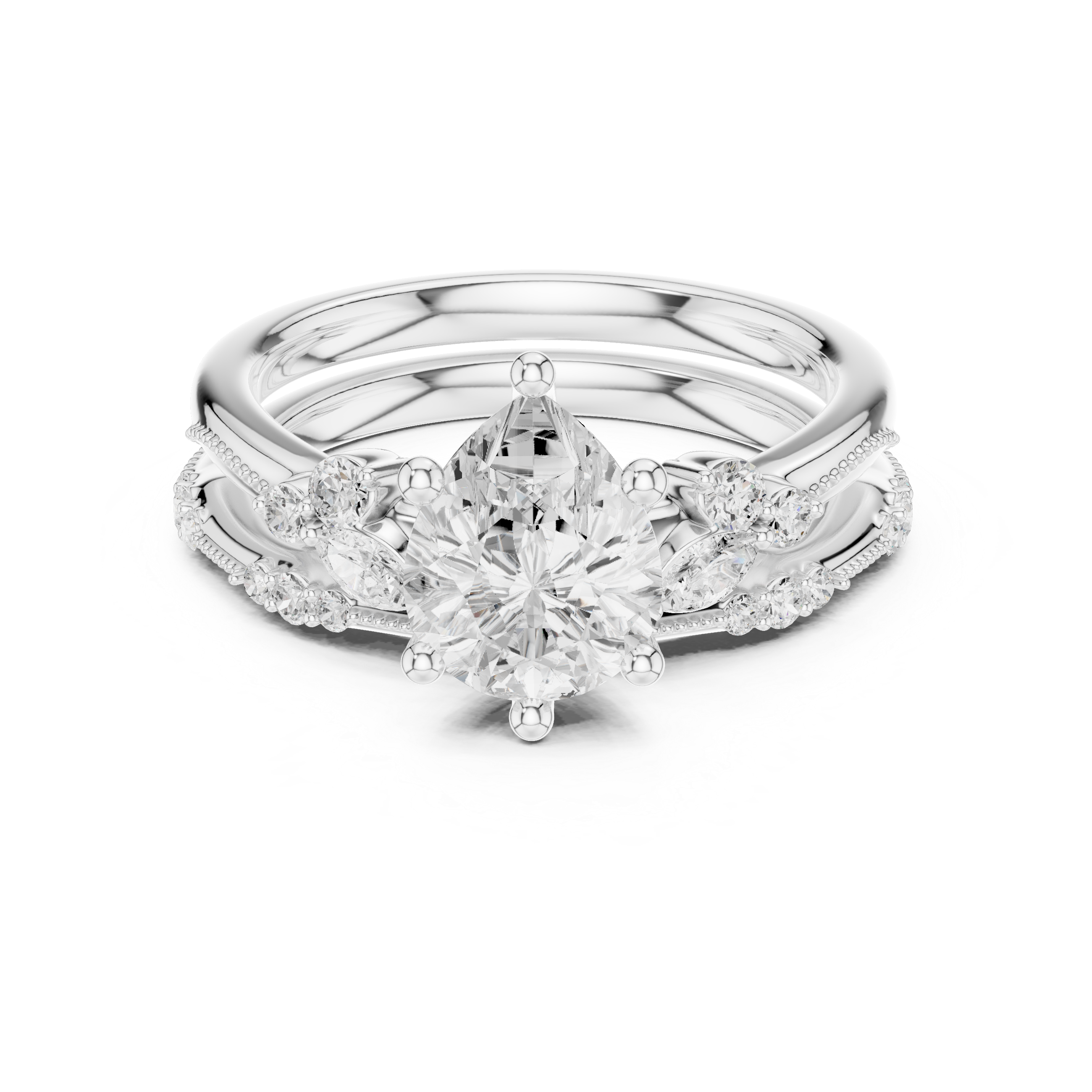 Vintage Pear Cut Bridal Ring Set with Marquise Diamond Accents and Milgrain Detail