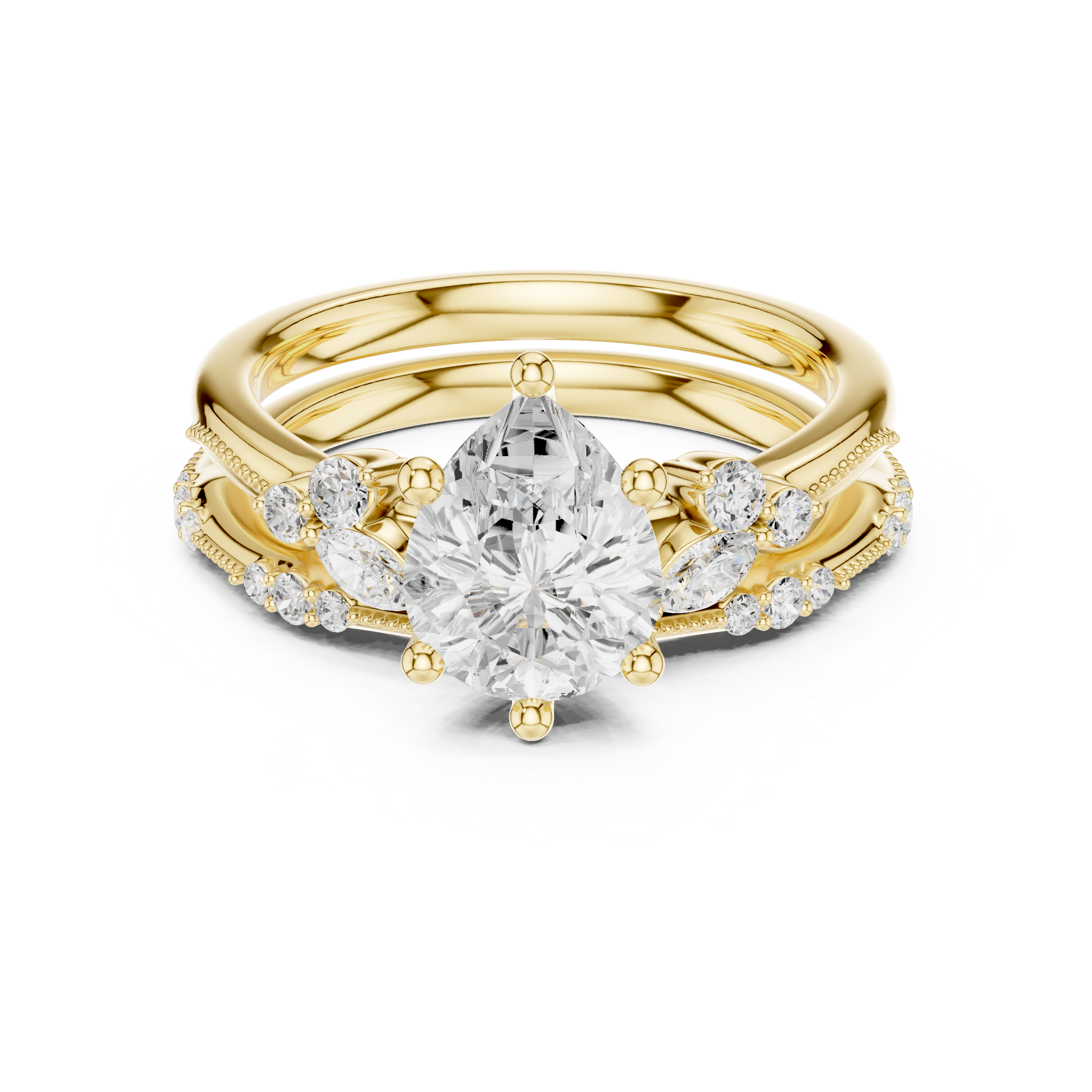 Vintage Pear Cut Bridal Ring Set with Marquise Diamond Accents and Milgrain Detail