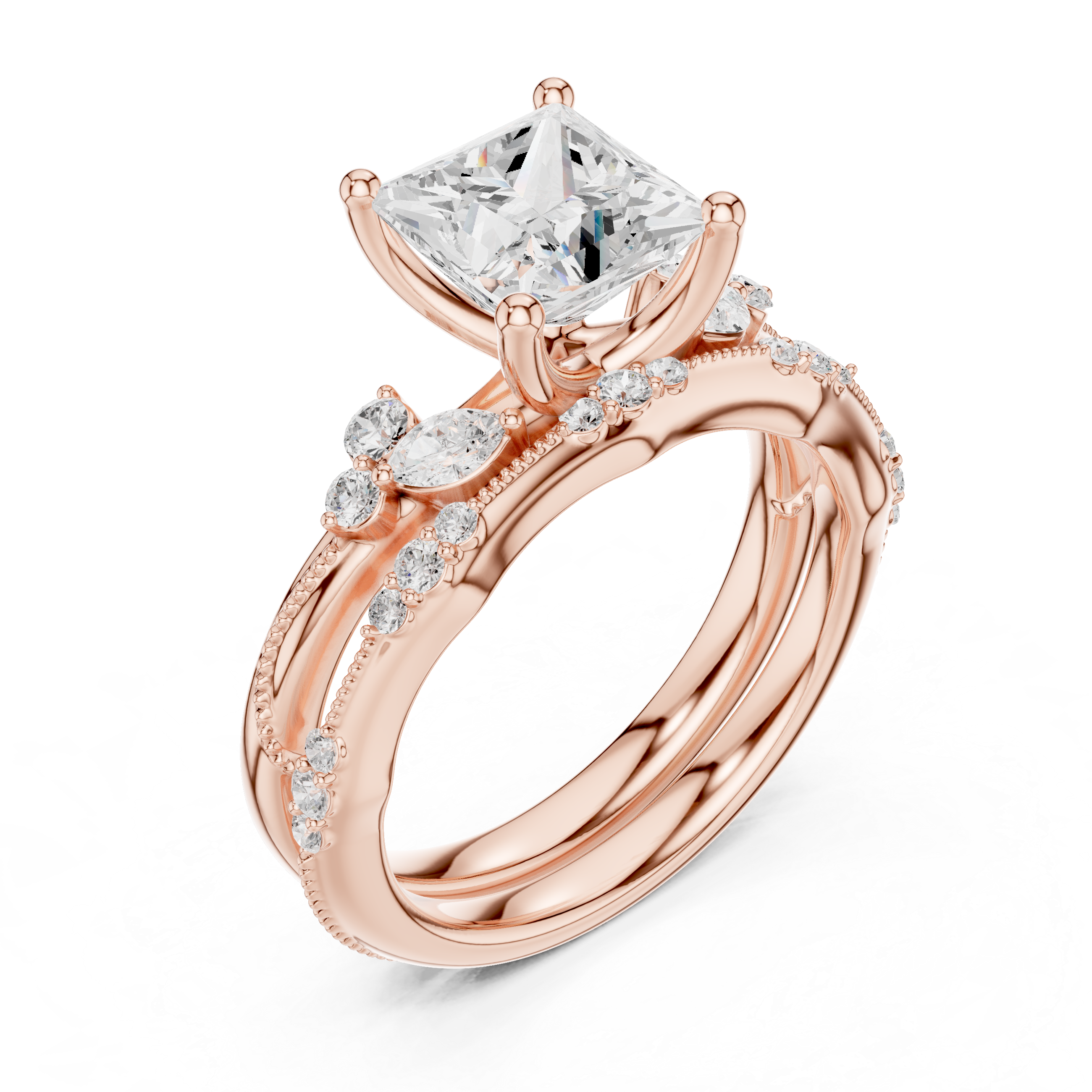 Vintage Princess Cut Bridal Ring Set with Marquise Diamond Accents and Milgrain Detail