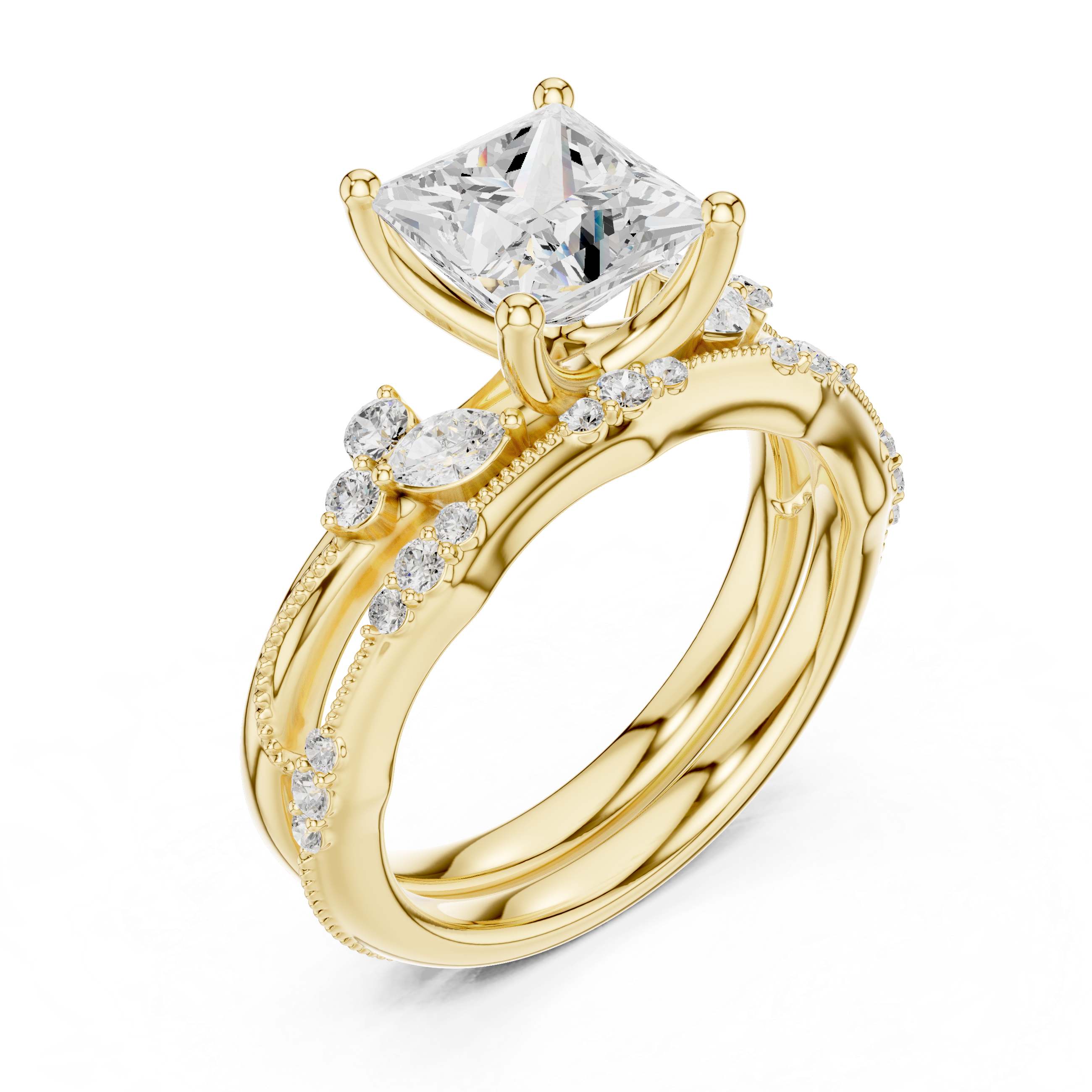 Vintage Princess Cut Bridal Ring Set with Marquise Diamond Accents and Milgrain Detail