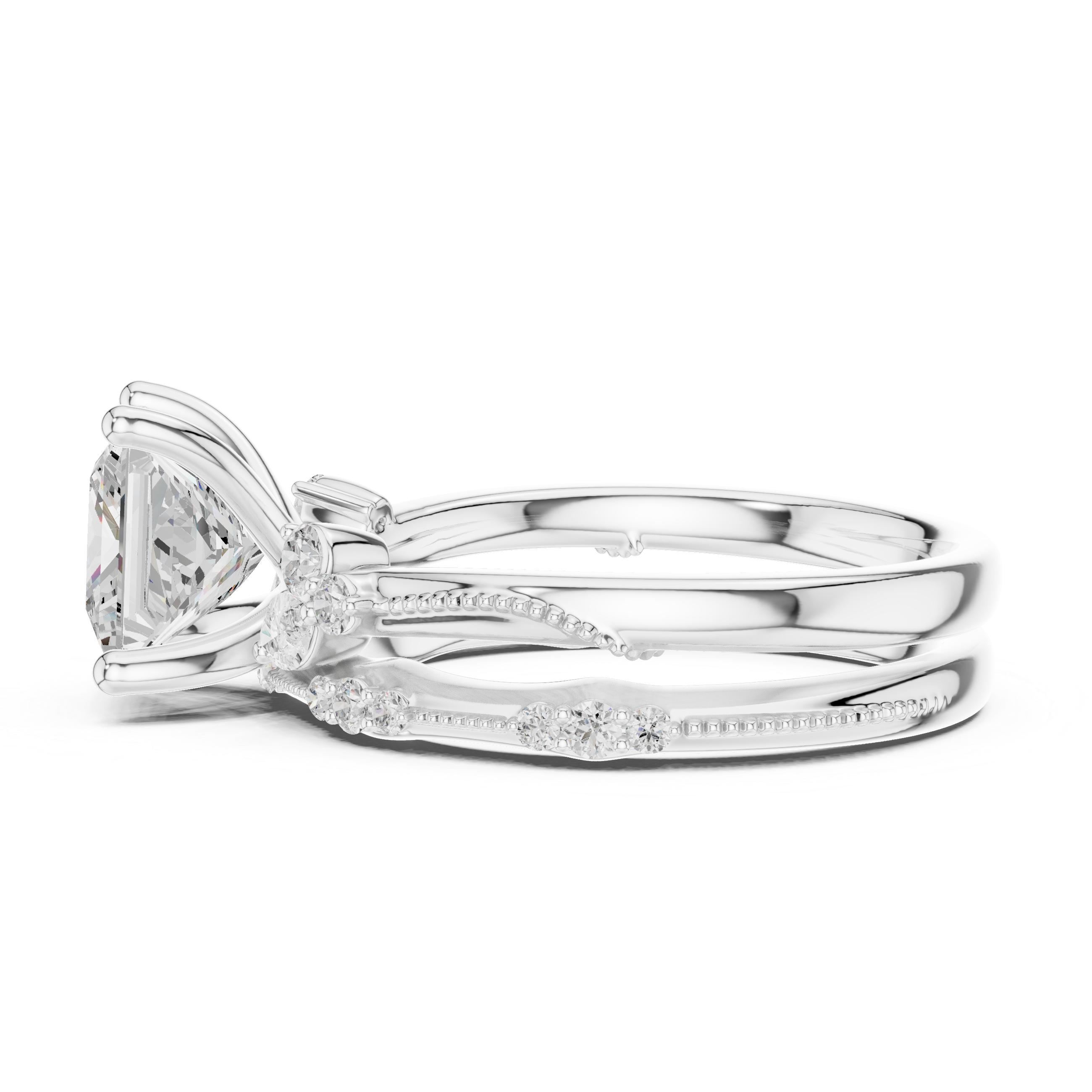 Vintage Princess Cut Bridal Ring Set with Marquise Diamond Accents and Milgrain Detail