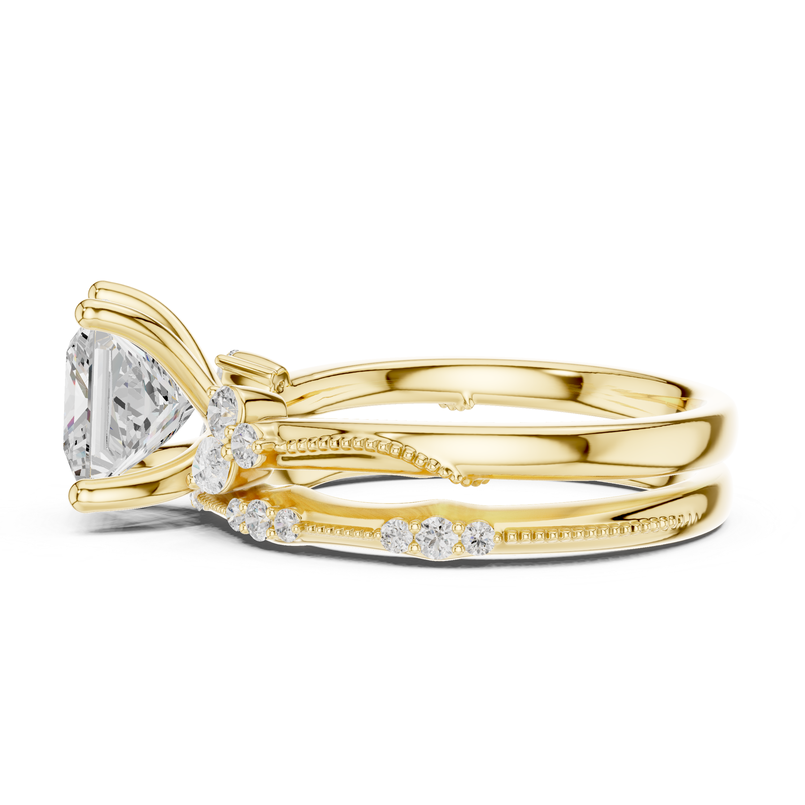 Vintage Princess Cut Bridal Ring Set with Marquise Diamond Accents and Milgrain Detail