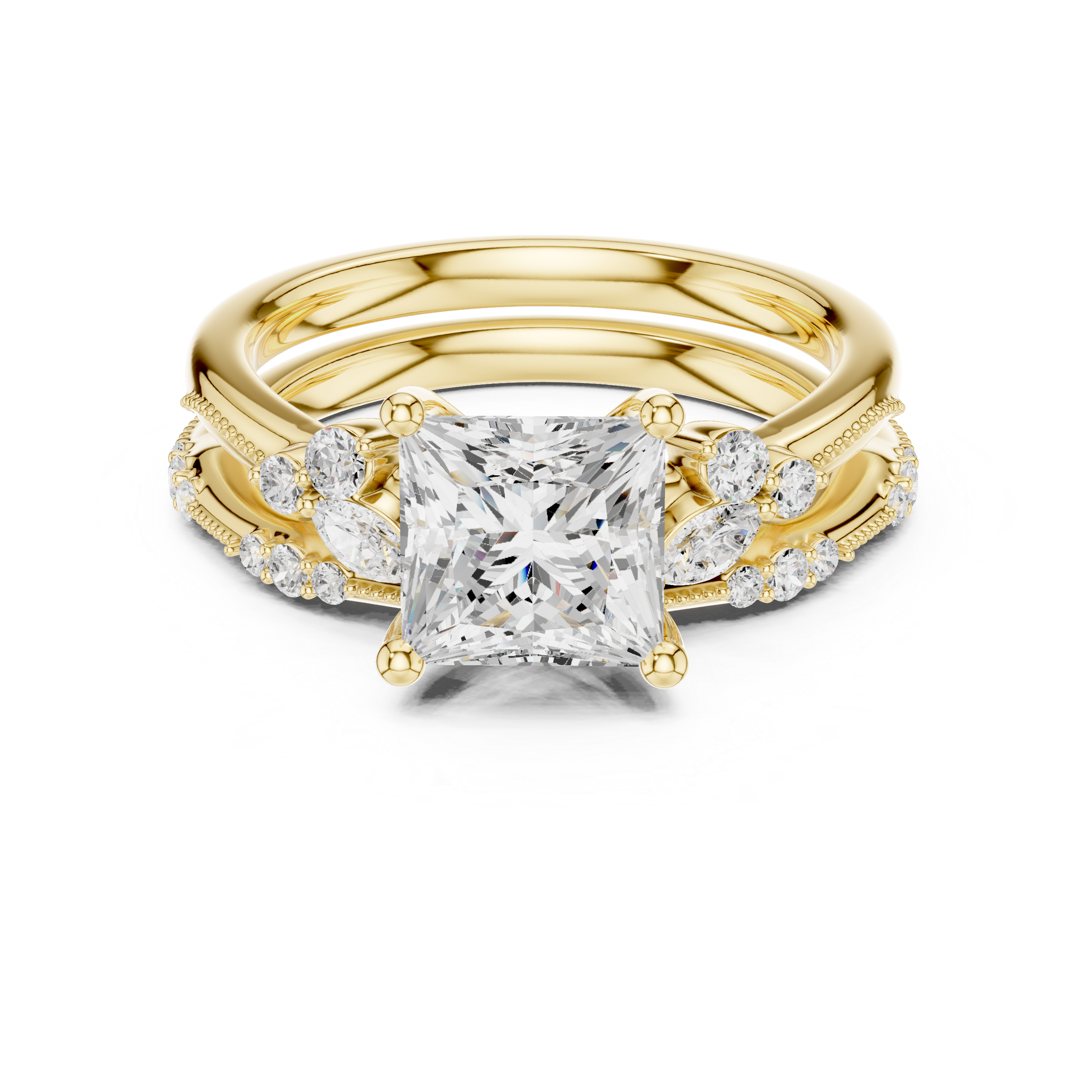 Vintage Princess Cut Bridal Ring Set with Marquise Diamond Accents and Milgrain Detail