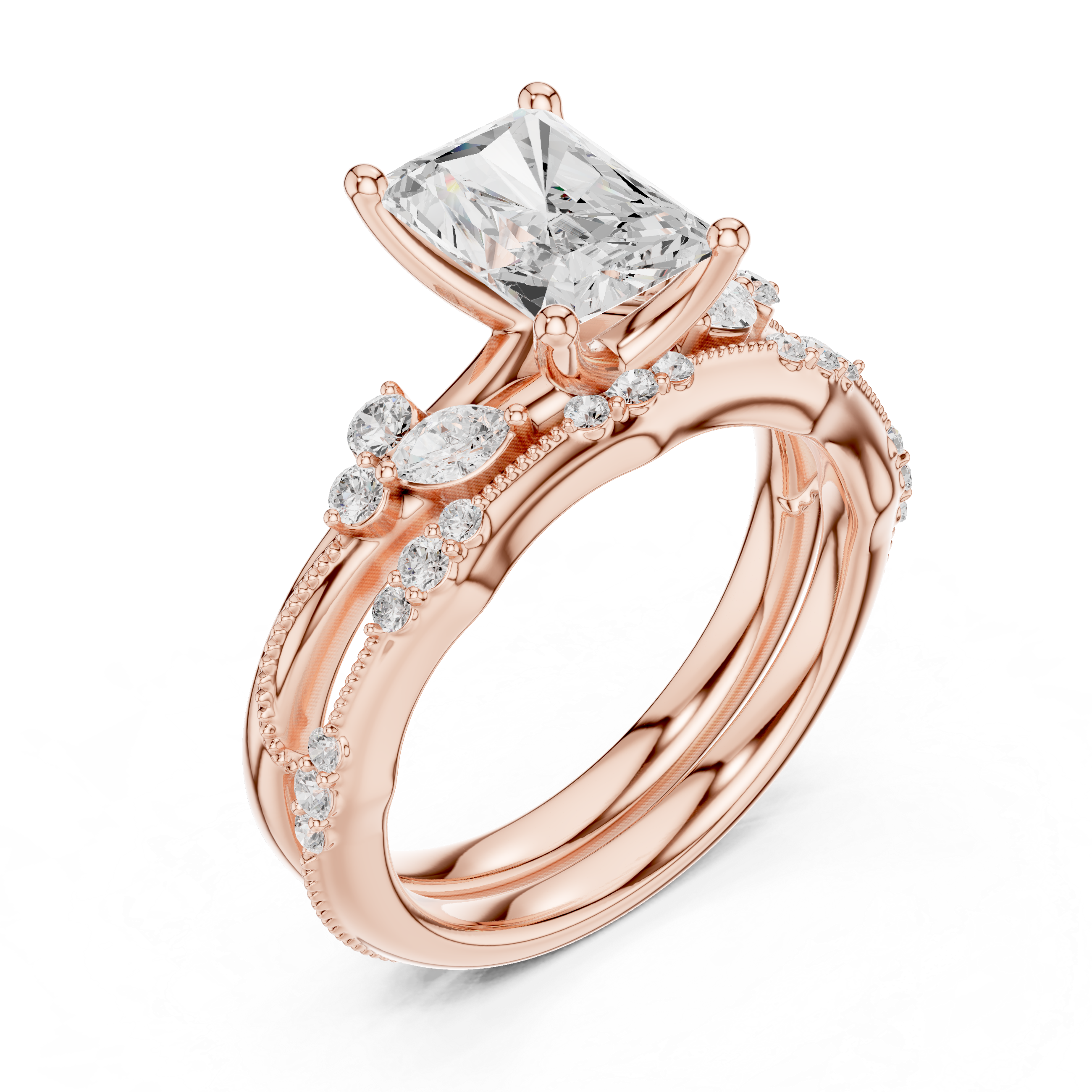Vintage Radiant Cut Bridal Ring Set with Marquise Diamond Accents and Milgrain Detail