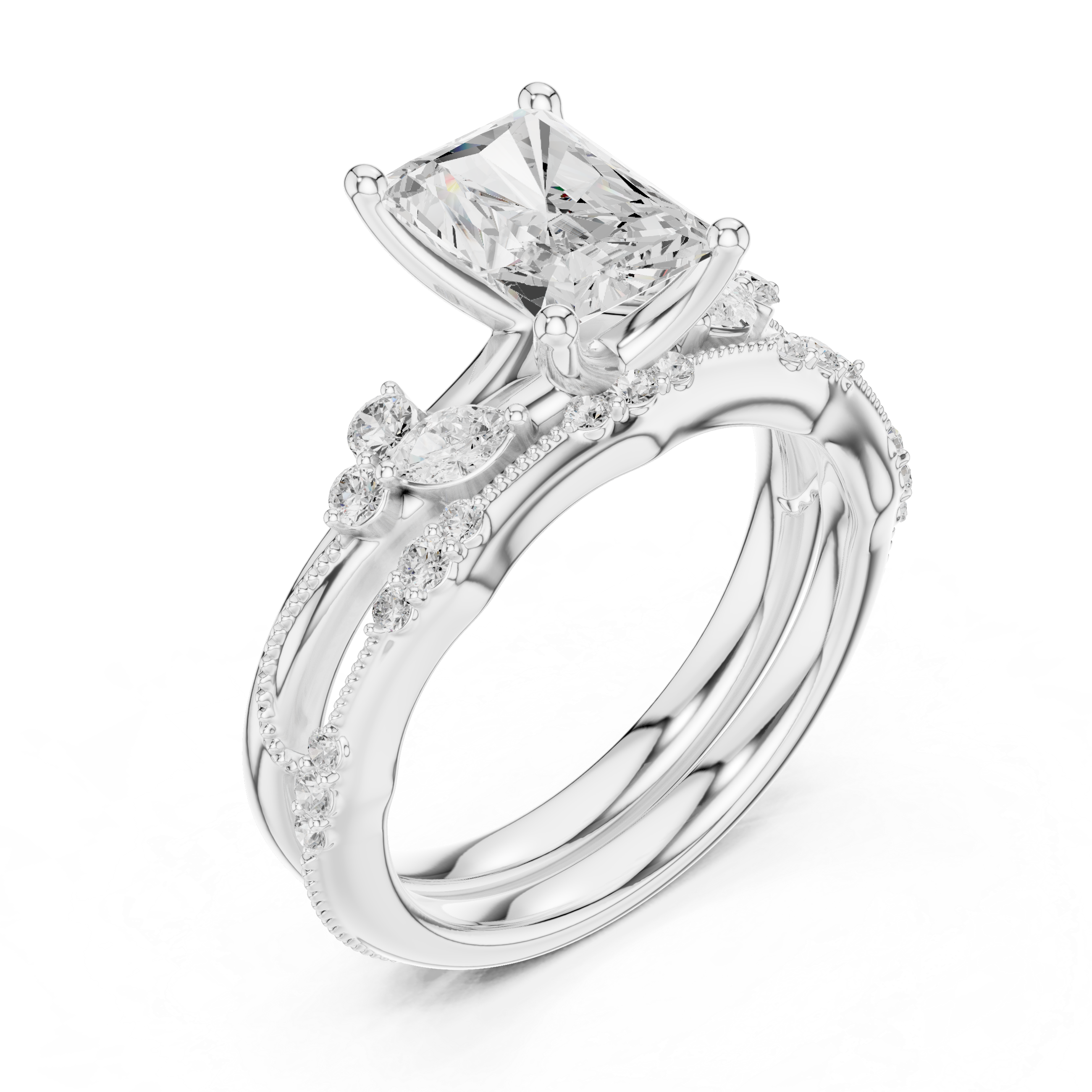 Vintage Radiant Cut Bridal Ring Set with Marquise Diamond Accents and Milgrain Detail