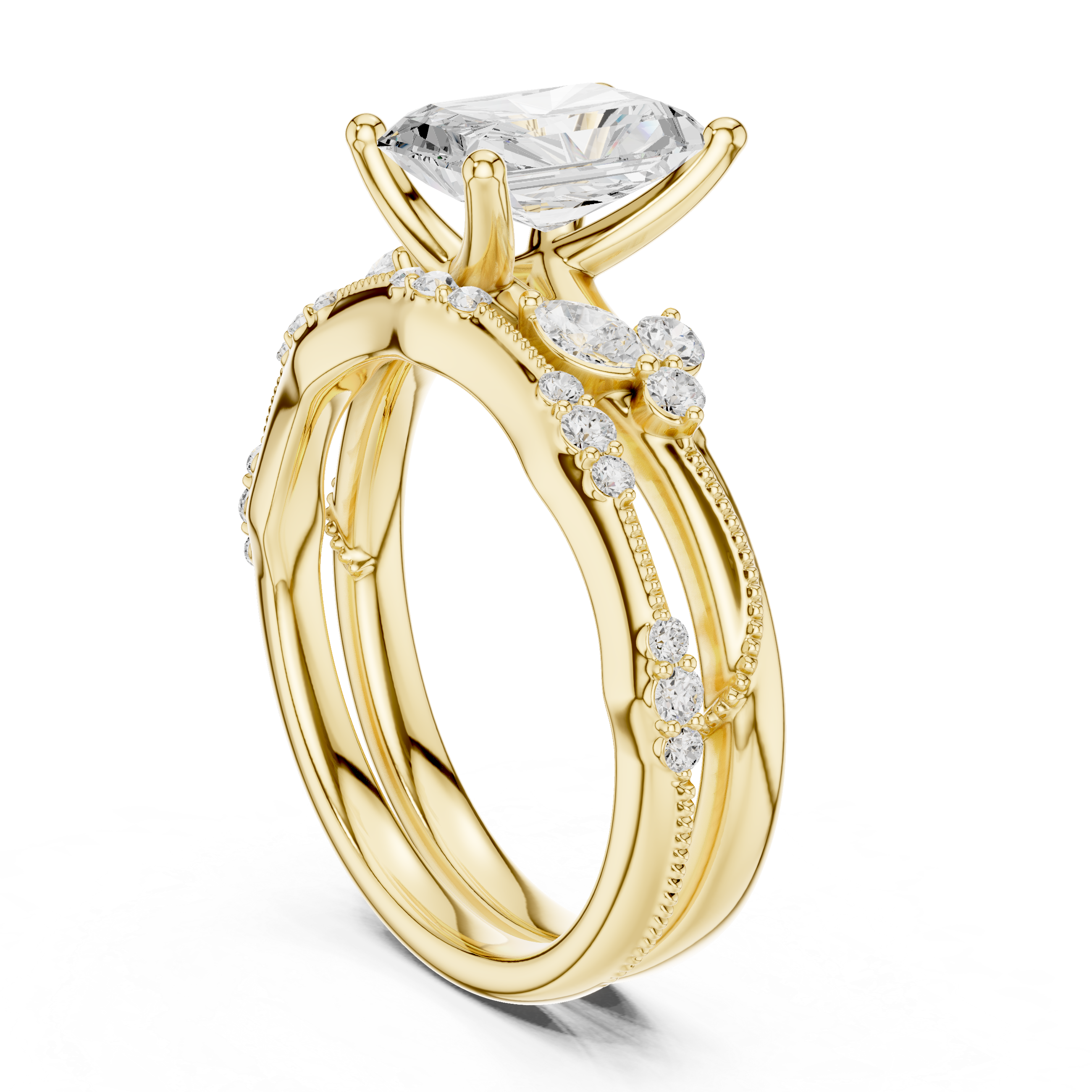 Vintage Radiant Cut Bridal Ring Set with Marquise Diamond Accents and Milgrain Detail