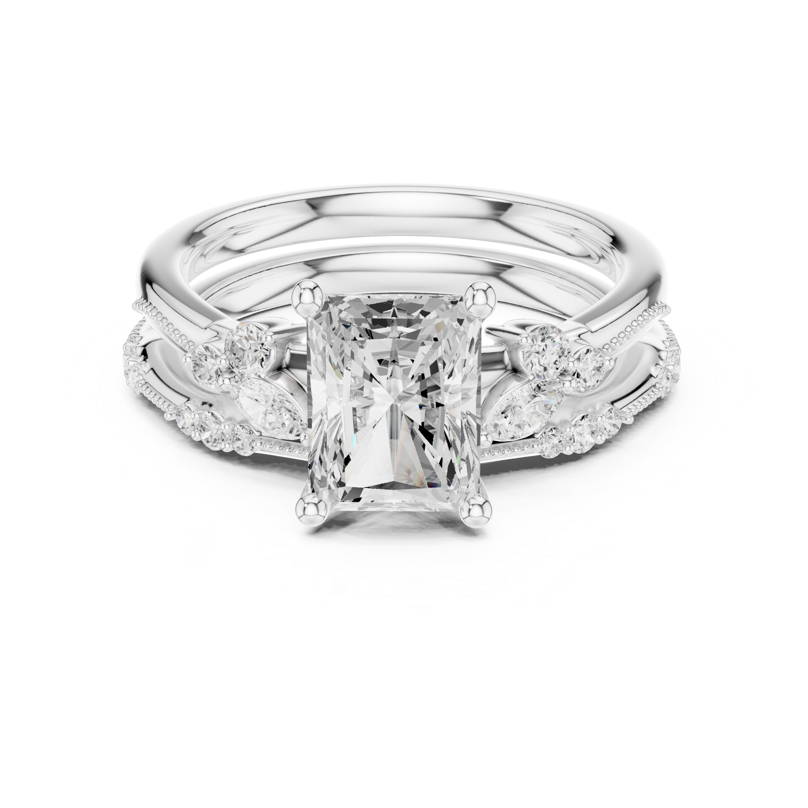 Vintage Radiant Cut Bridal Ring Set with Marquise Diamond Accents and Milgrain Detail