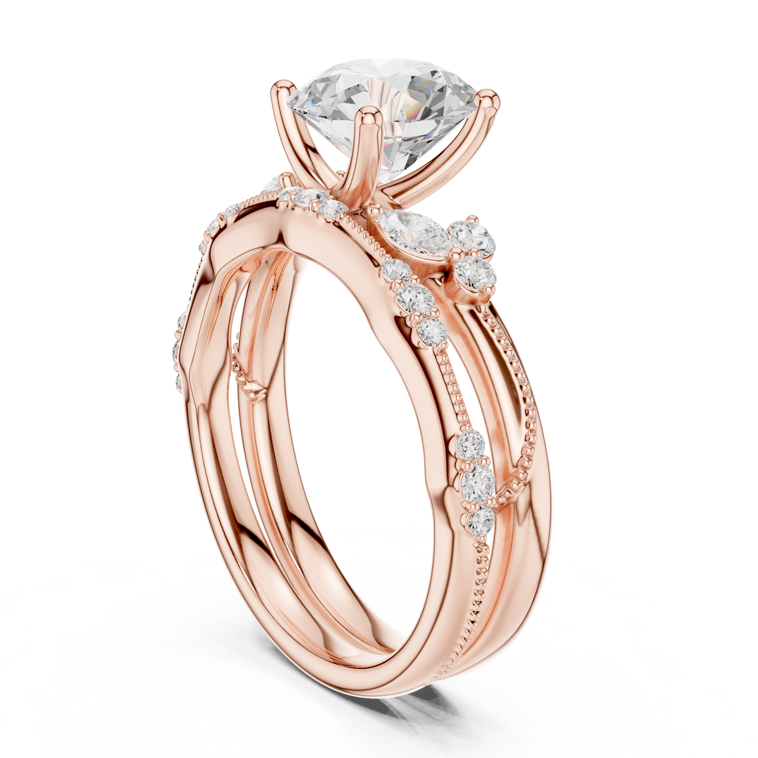 Vintage Round Cut Bridal Ring Set with Marquise Diamond Accents and Milgrain Band