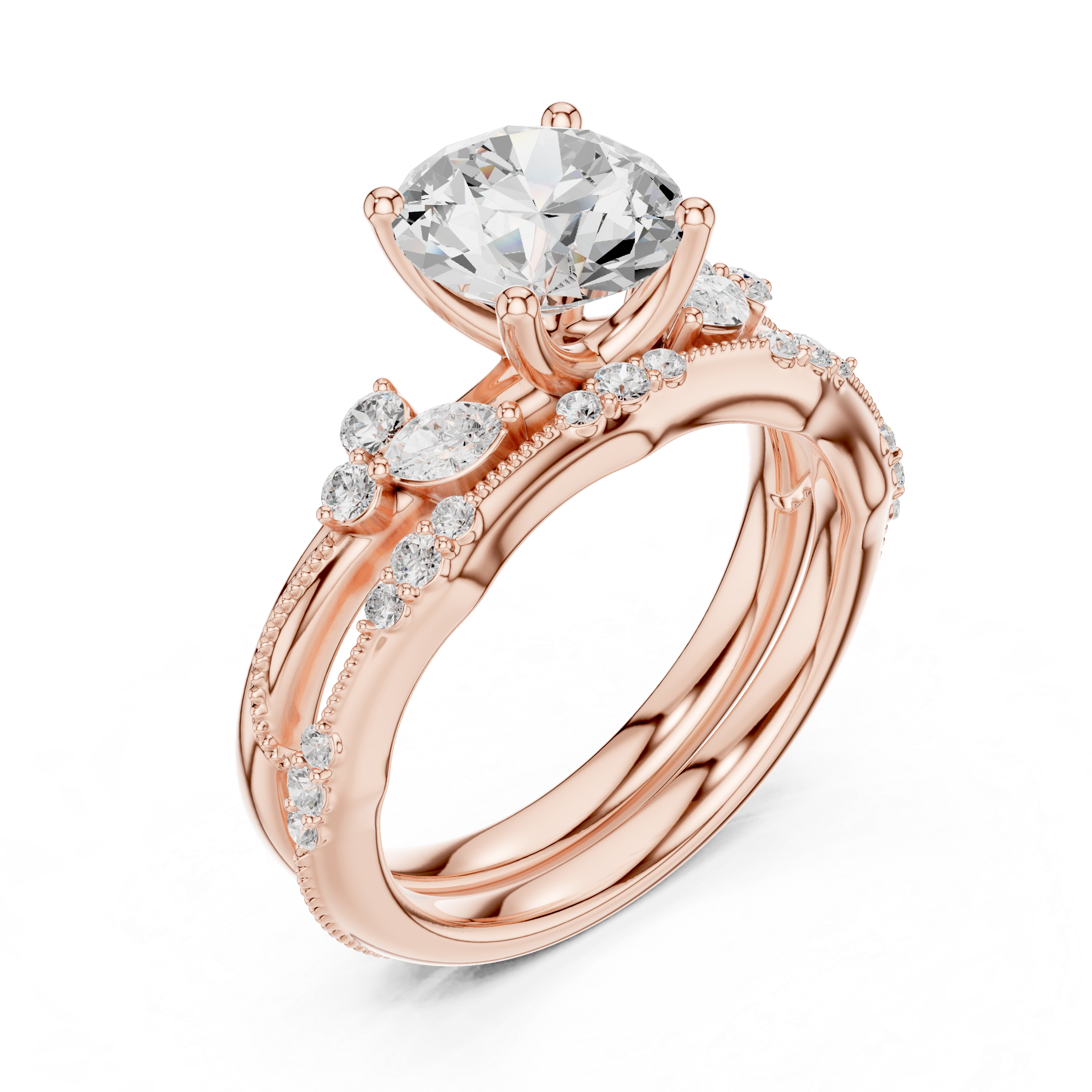 Vintage Round Cut Bridal Ring Set with Marquise Diamond Accents and Milgrain Band