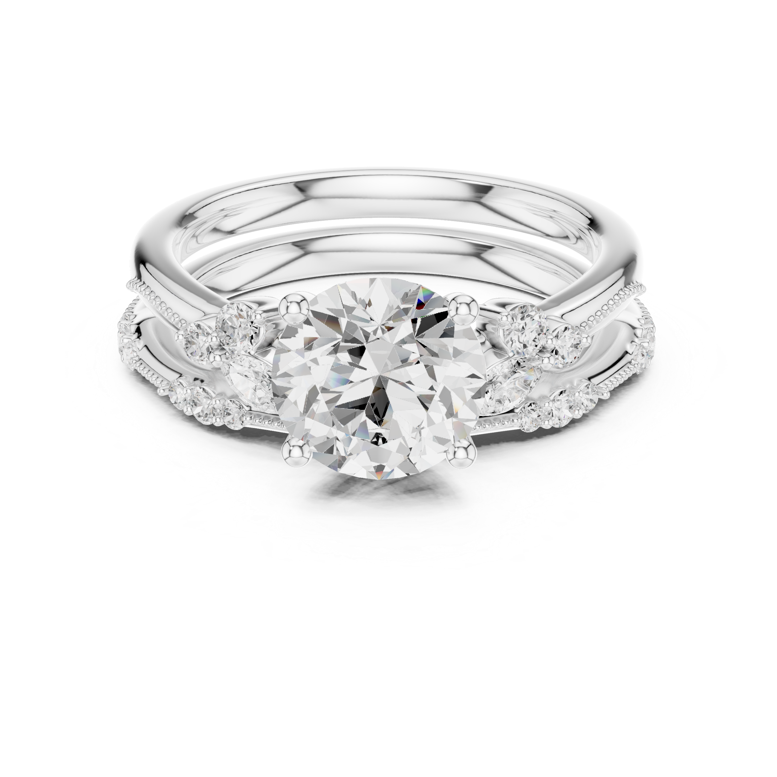 Vintage Round Cut Bridal Ring Set with Marquise Diamond Accents and Milgrain Band