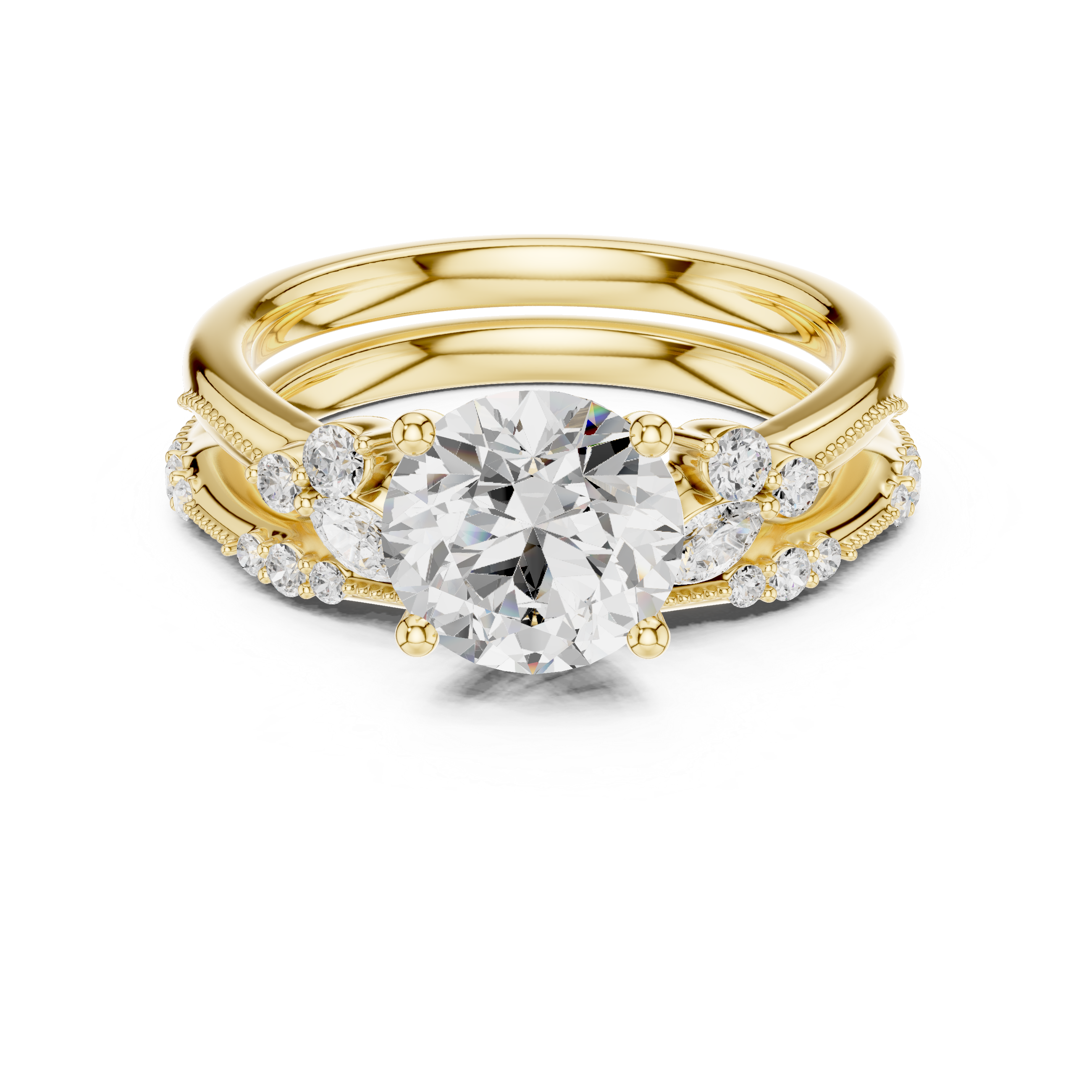 Vintage Round Cut Bridal Ring Set with Marquise Diamond Accents and Milgrain Band