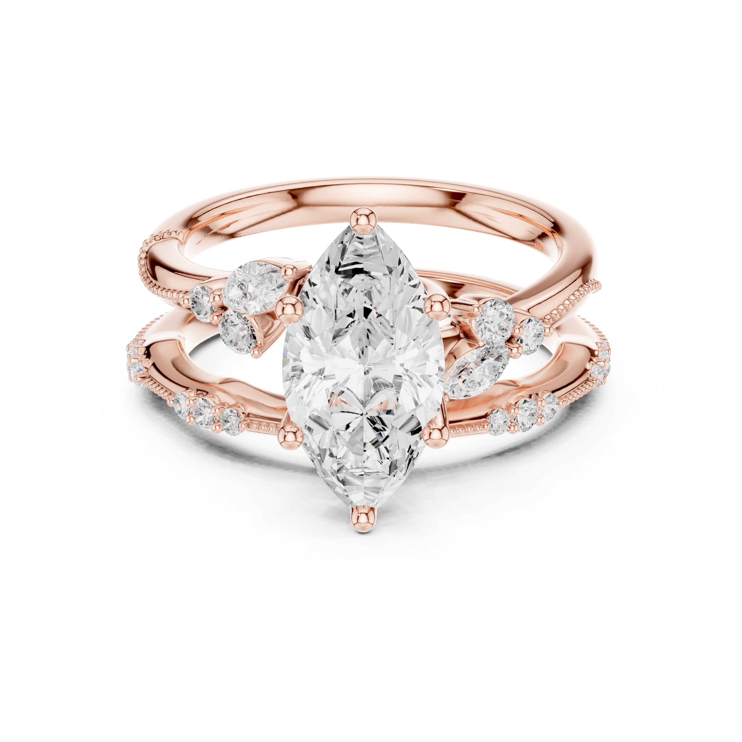 2 Carat Marquise-Cut Diamond Botanical Three-Piece Bridal Ring Set
