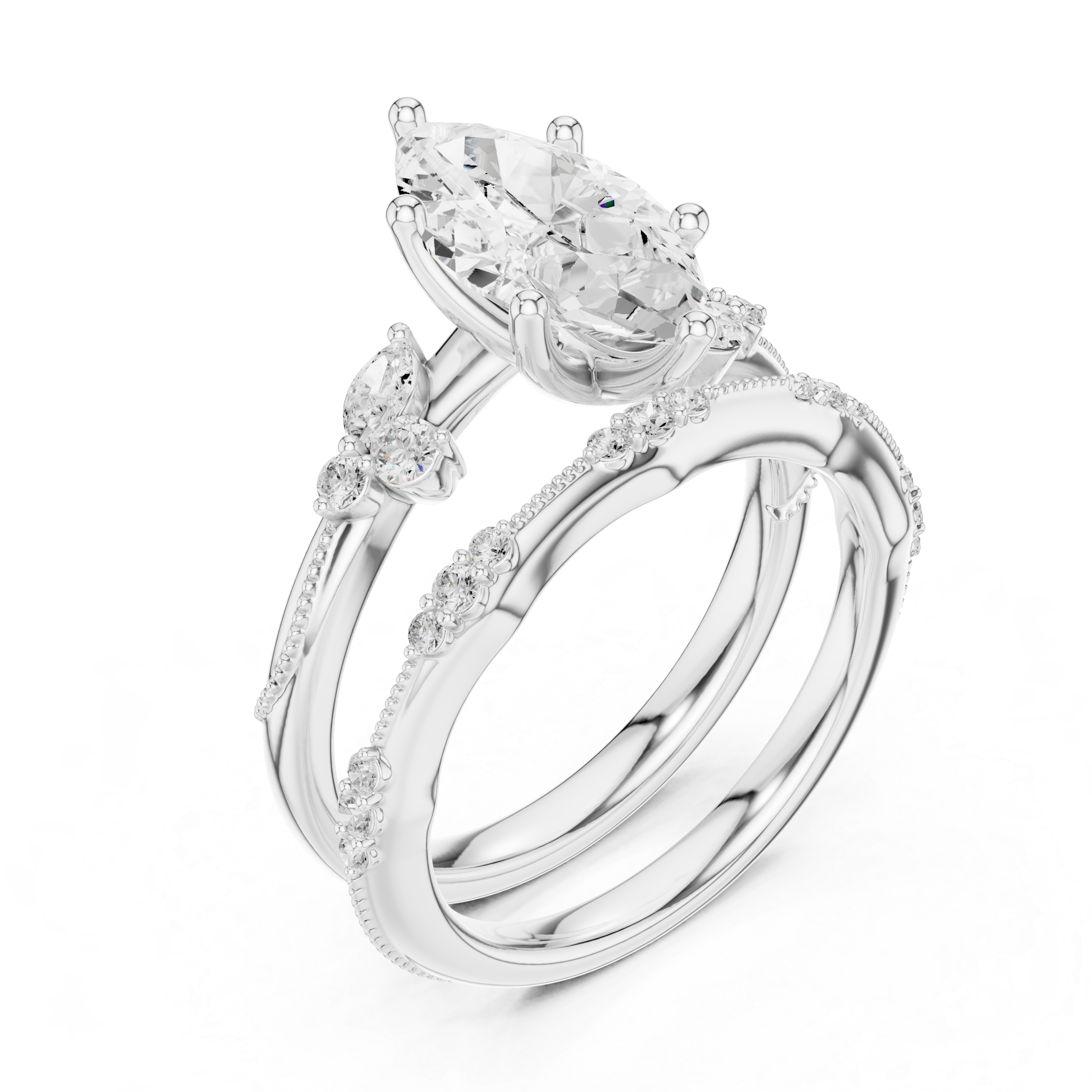 2 Carat Marquise-Cut Diamond Botanical Three-Piece Bridal Ring Set