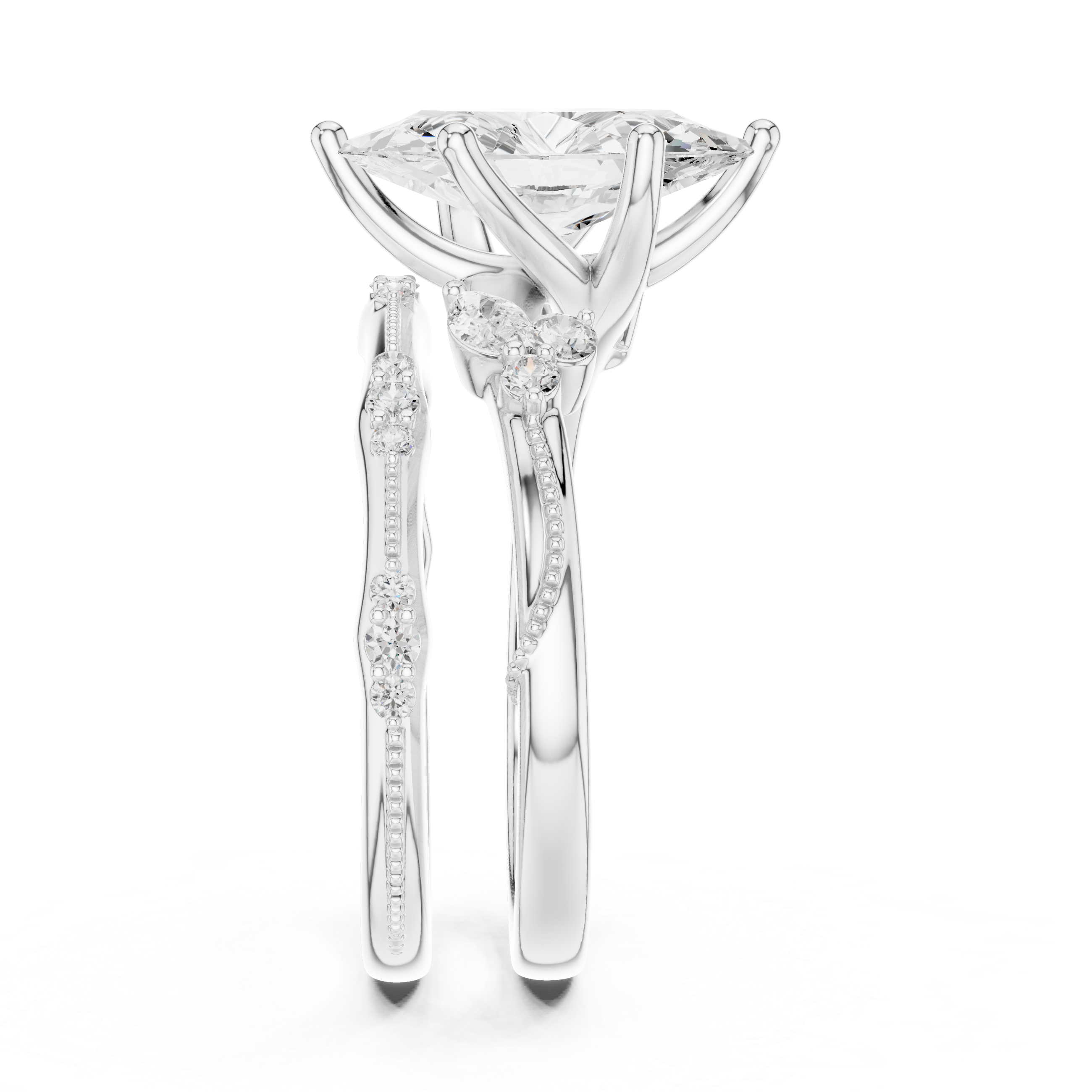 2 Carat Marquise-Cut Diamond Botanical Three-Piece Bridal Ring Set