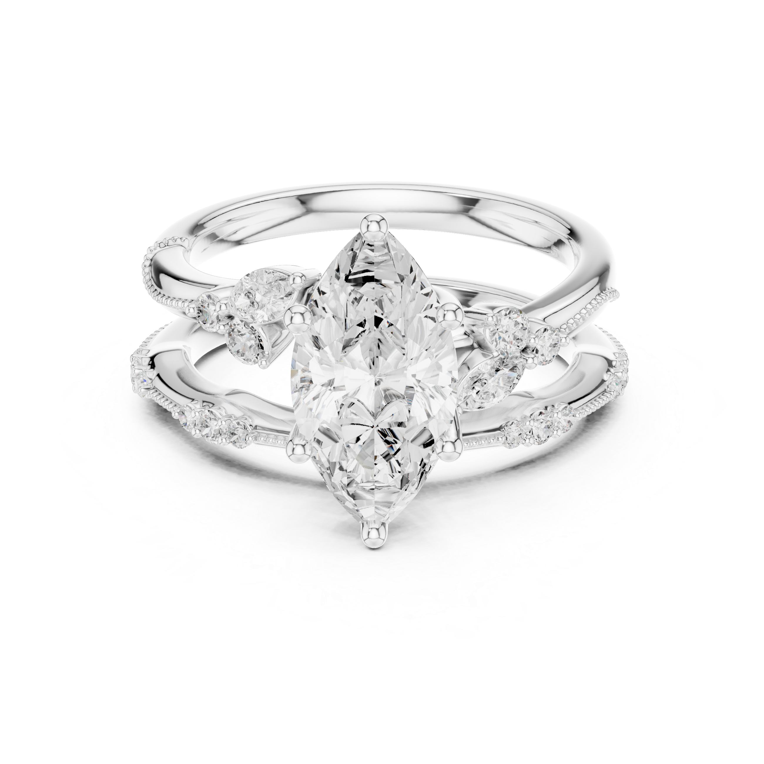 2 Carat Marquise-Cut Diamond Botanical Three-Piece Bridal Ring Set