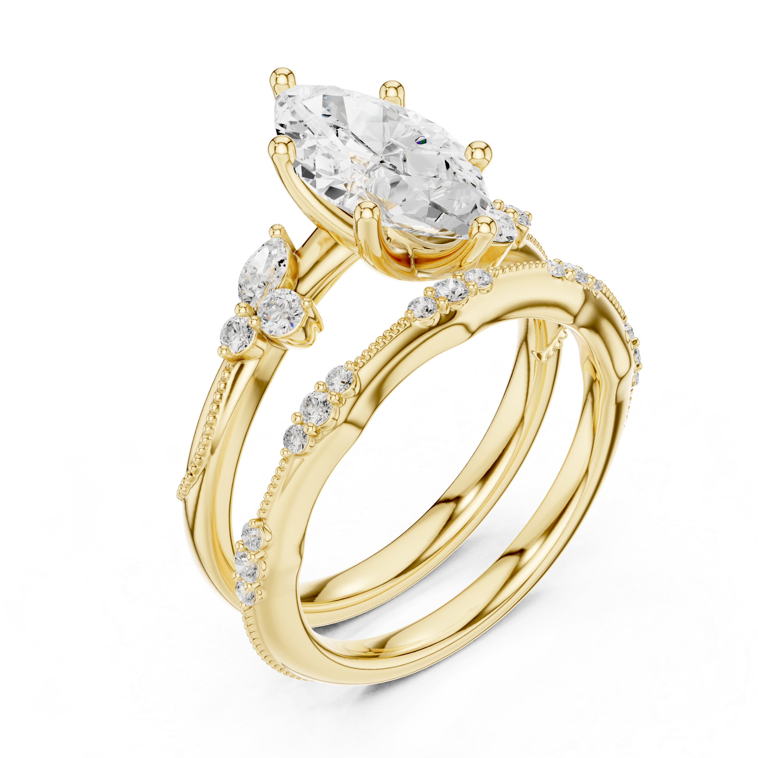 2 Carat Marquise-Cut Diamond Botanical Three-Piece Bridal Ring Set