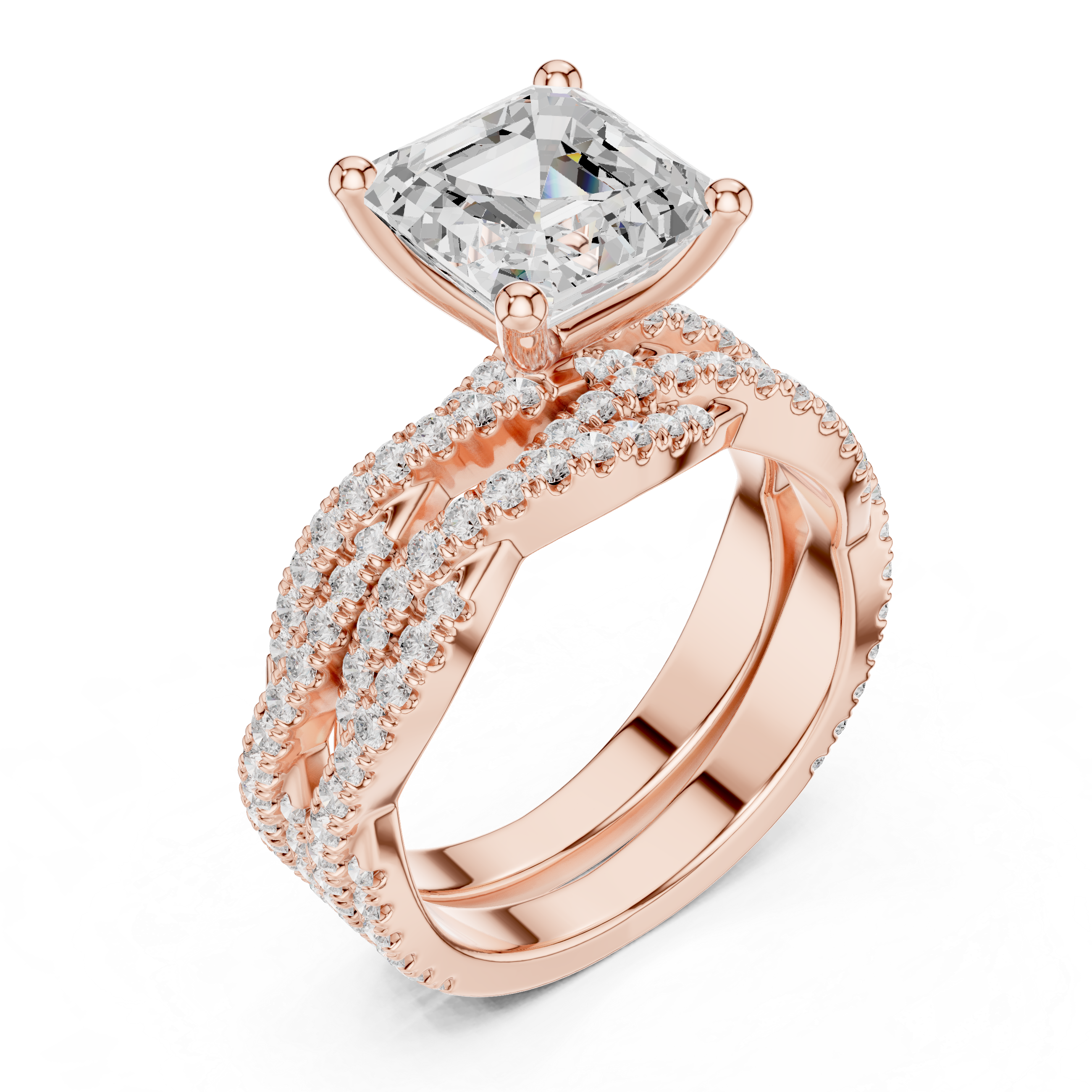 Asscher Cut Triple Row Pavé Engagement Ring with Split Shank Design
