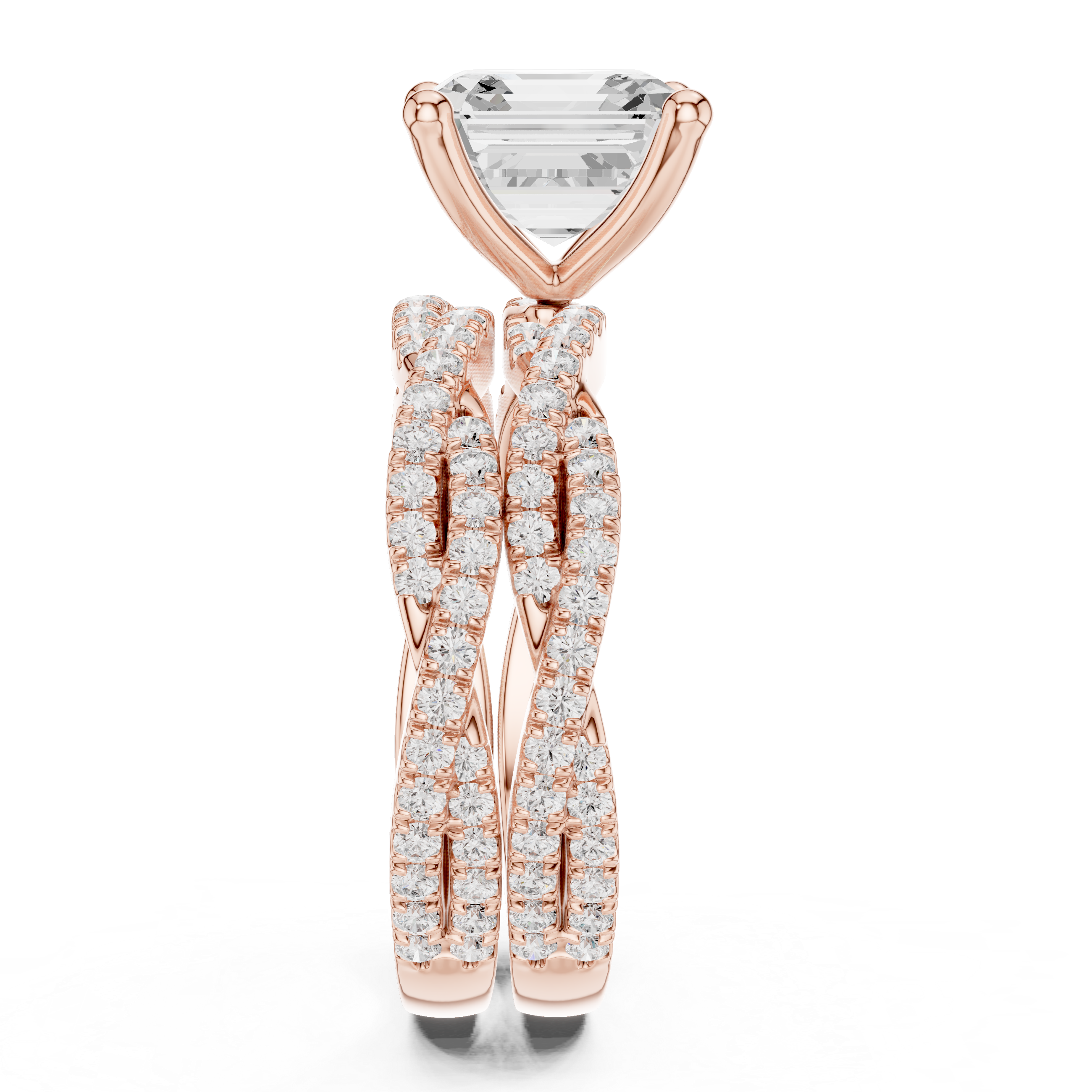 Asscher Cut Triple Row Pavé Engagement Ring with Split Shank Design
