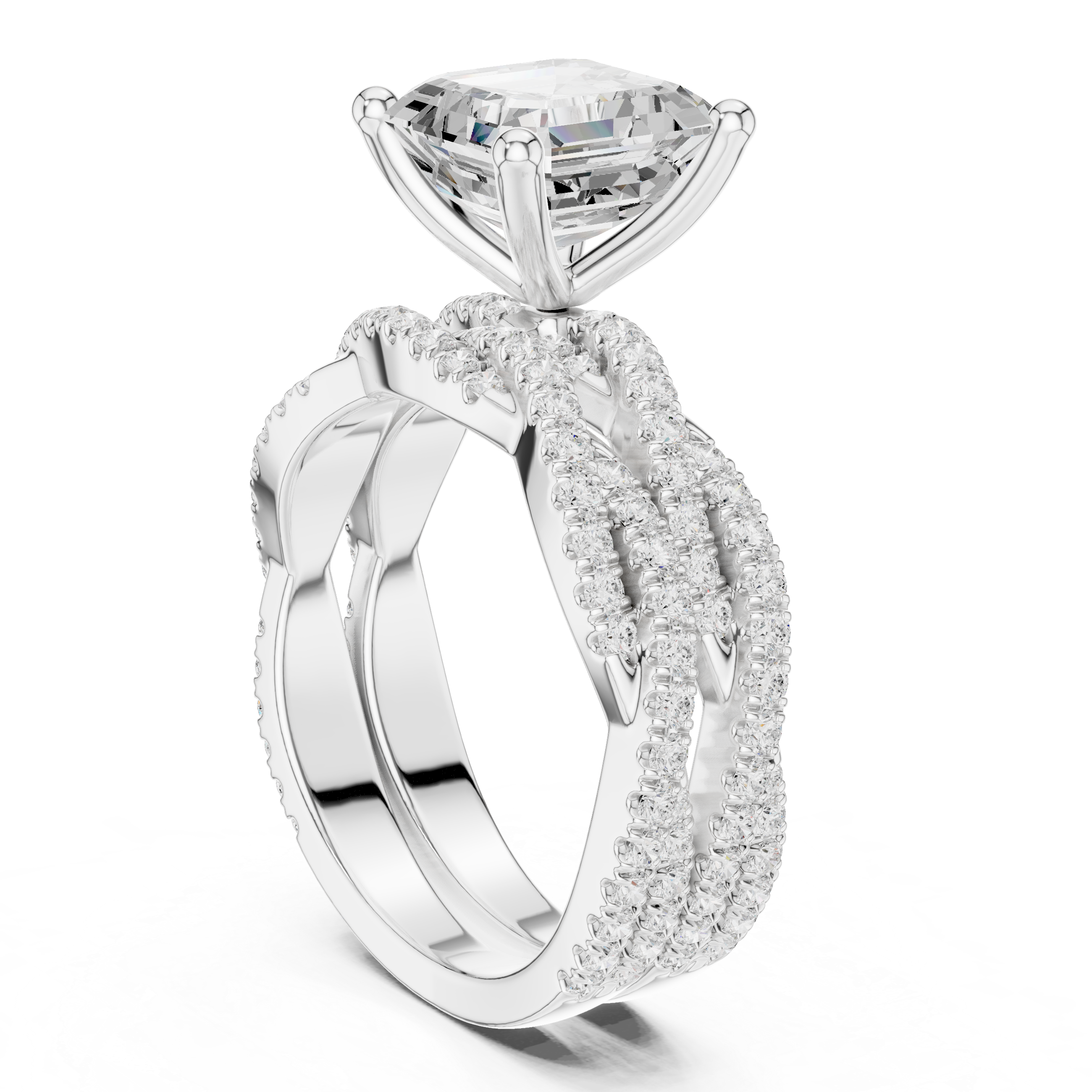 Asscher Cut Triple Row Pavé Engagement Ring with Split Shank Design