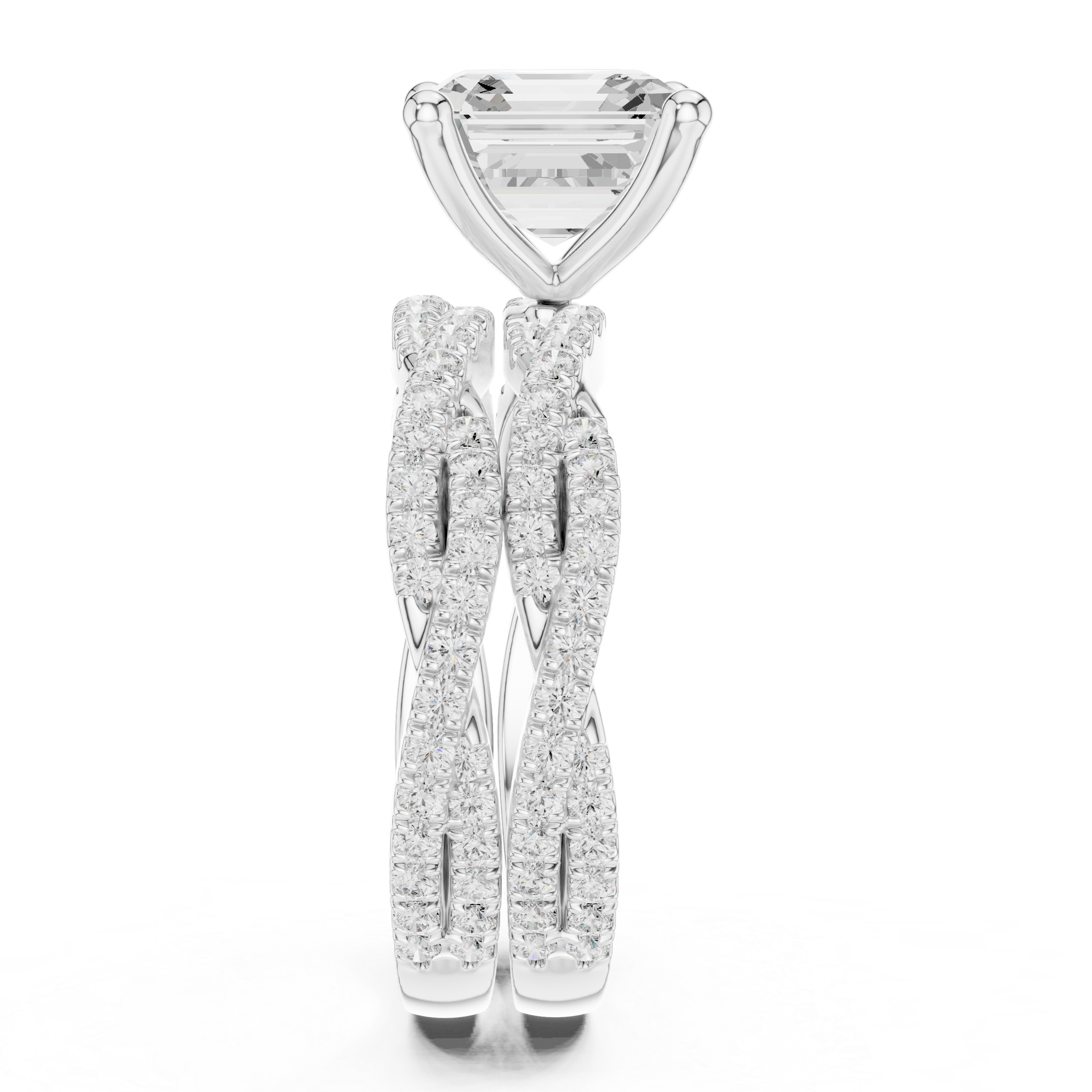 Asscher Cut Triple Row Pavé Engagement Ring with Split Shank Design