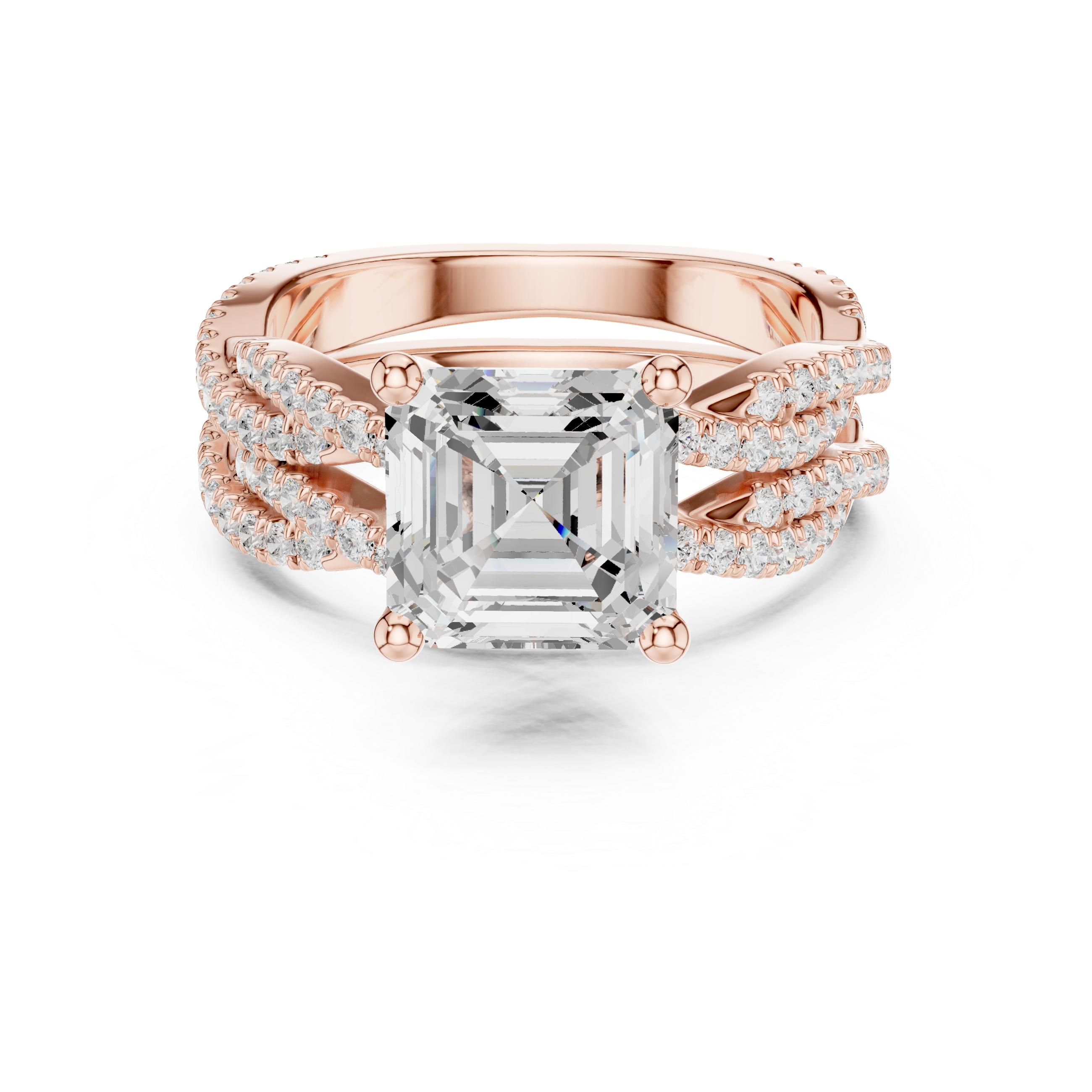 Asscher Cut Triple Row Pavé Engagement Ring with Split Shank Design