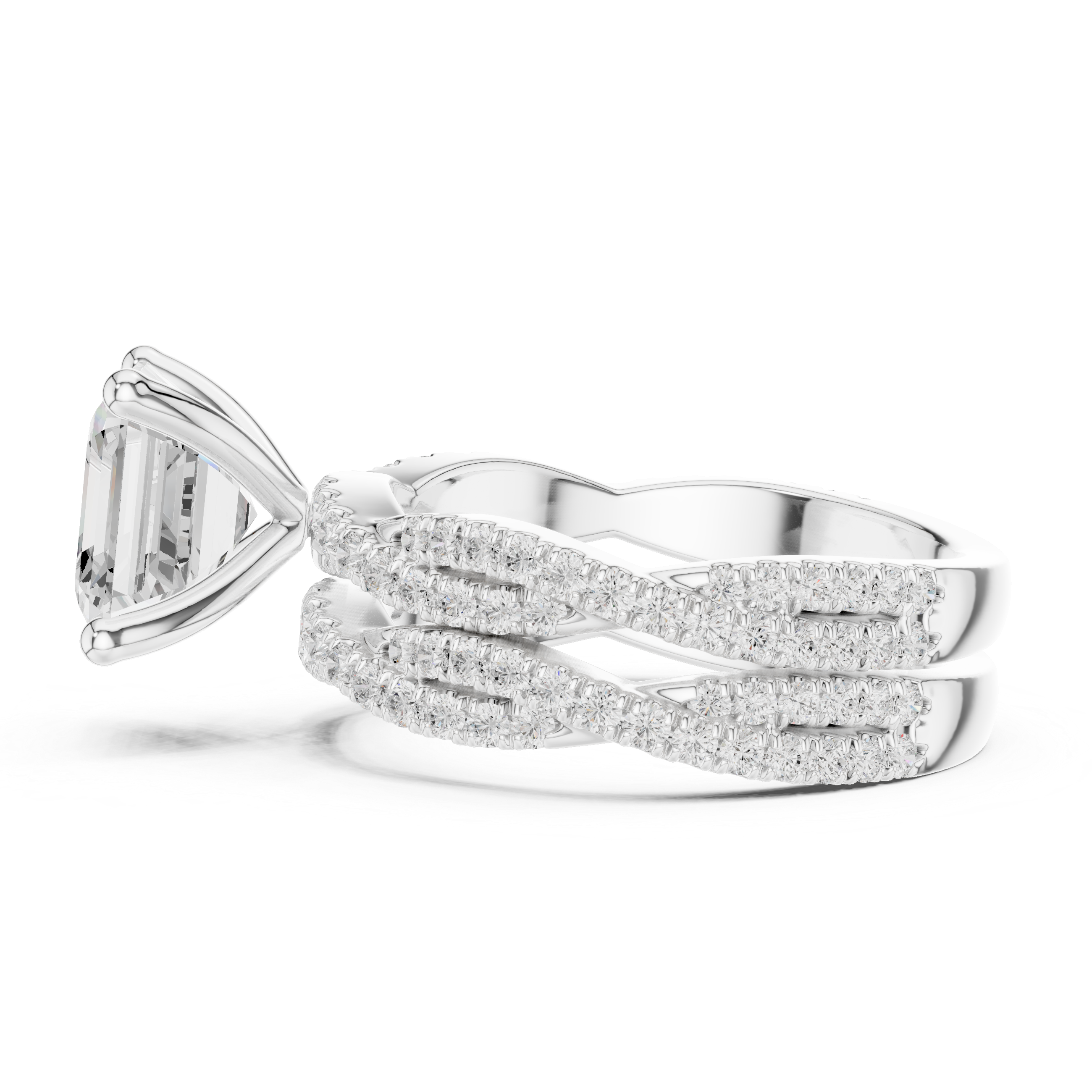 Asscher Cut Triple Row Pavé Engagement Ring with Split Shank Design
