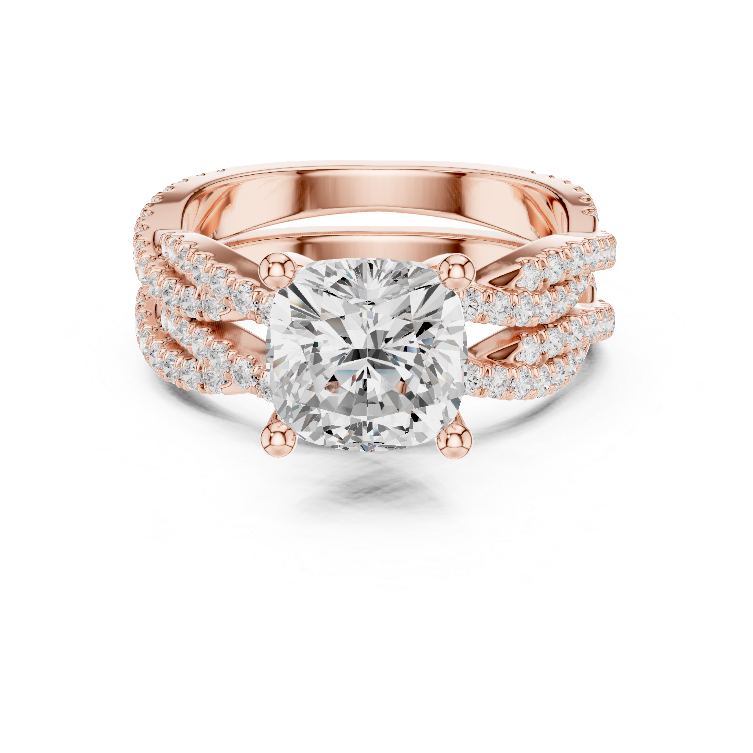 Cushion Cut Triple Row Pavé Split Shank Engagement Ring
