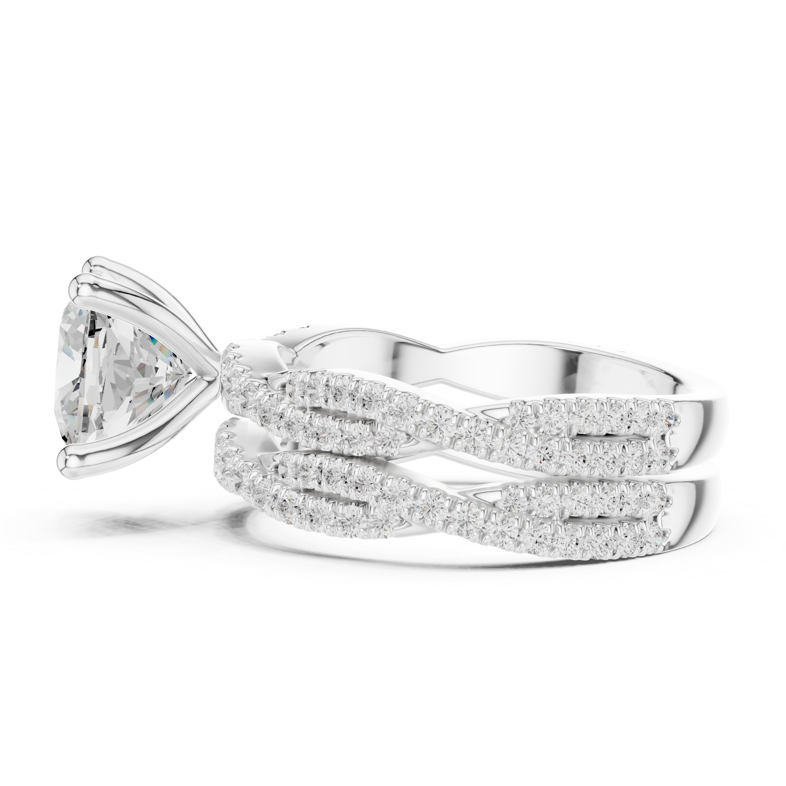 Cushion Cut Triple Row Pavé Split Shank Engagement Ring