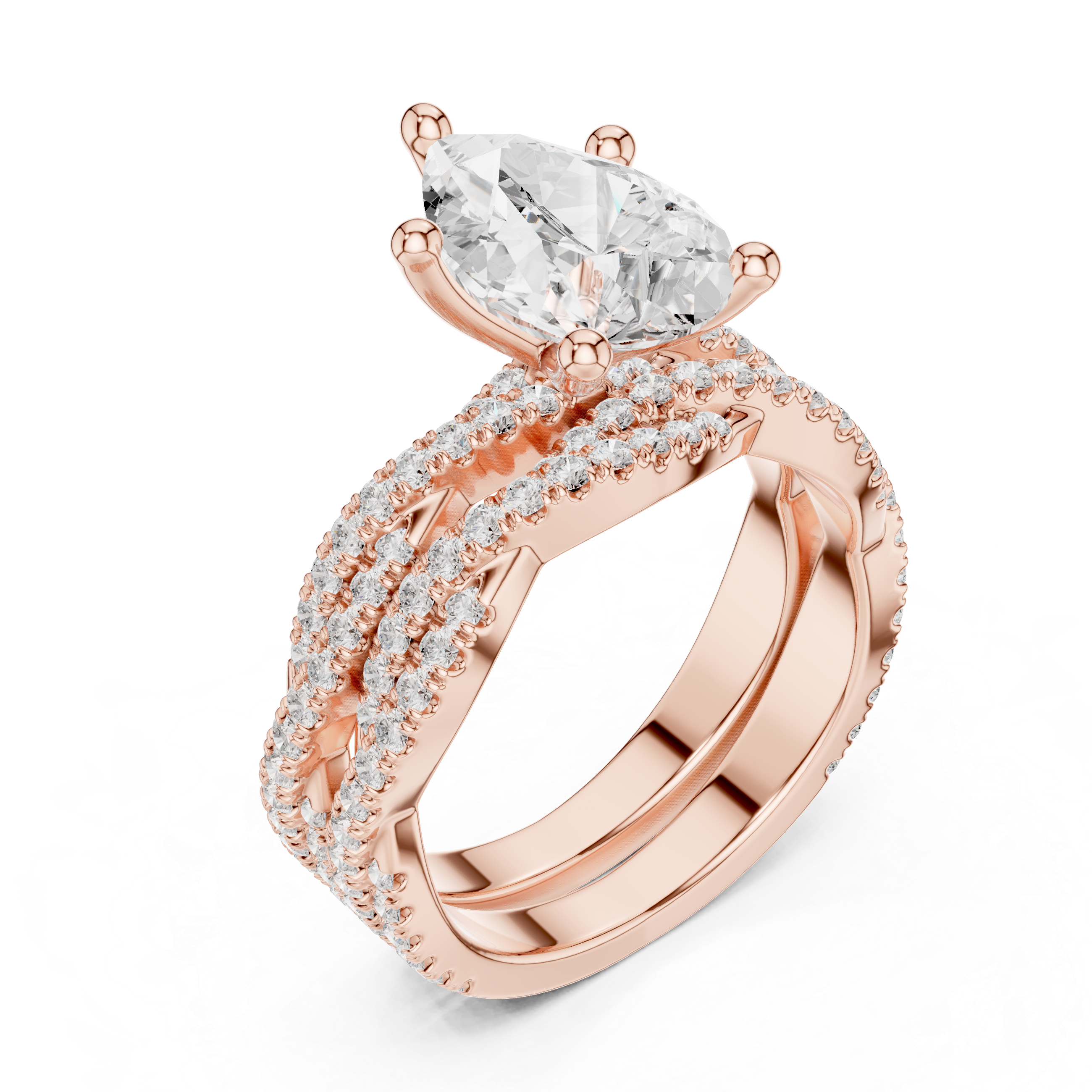 Pear Cut Triple Row Pavé Split Shank Engagement Ring