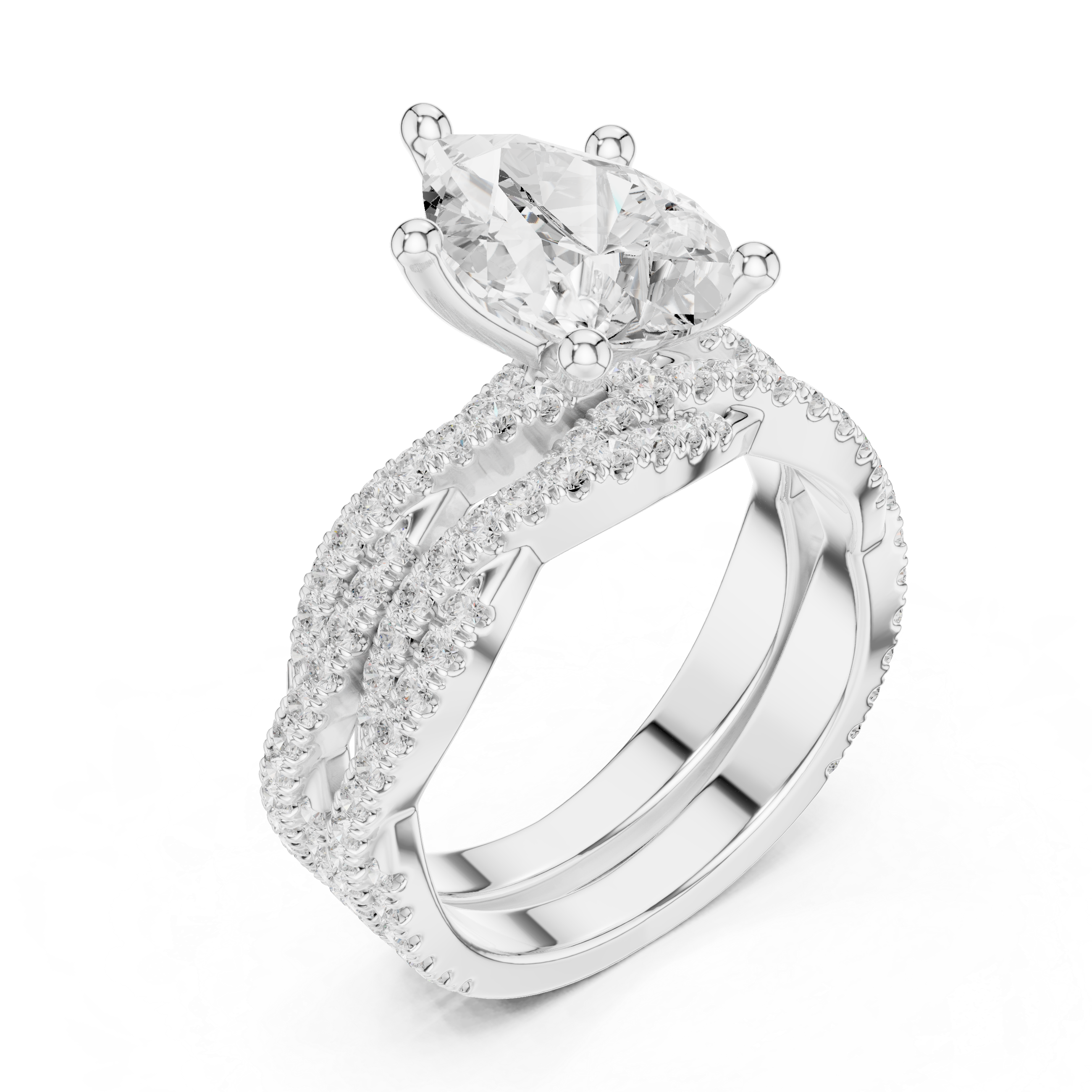 Pear Cut Triple Row Pavé Split Shank Engagement Ring