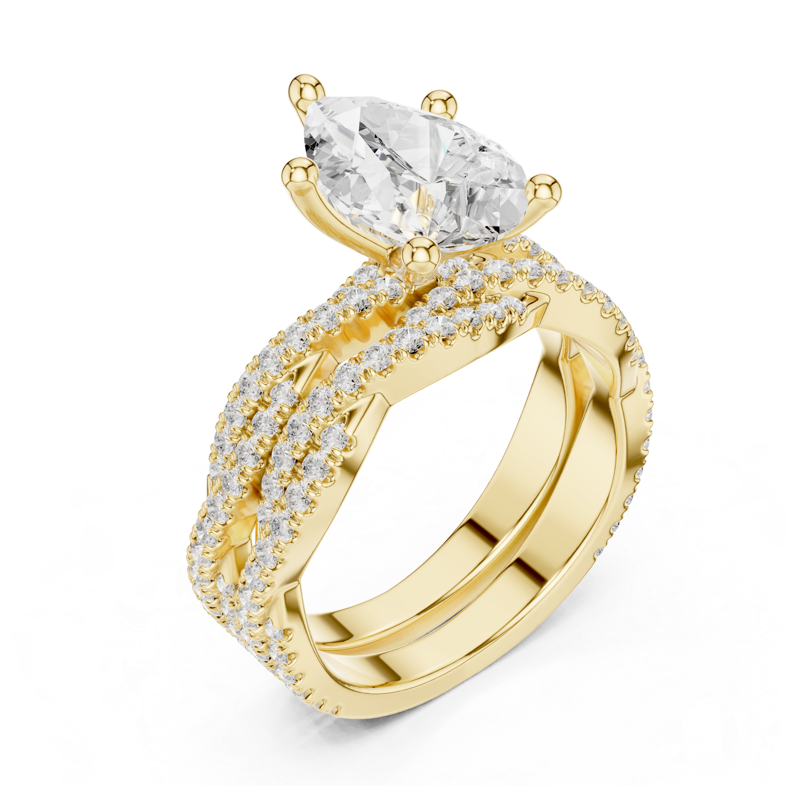 Pear Cut Triple Row Pavé Split Shank Engagement Ring