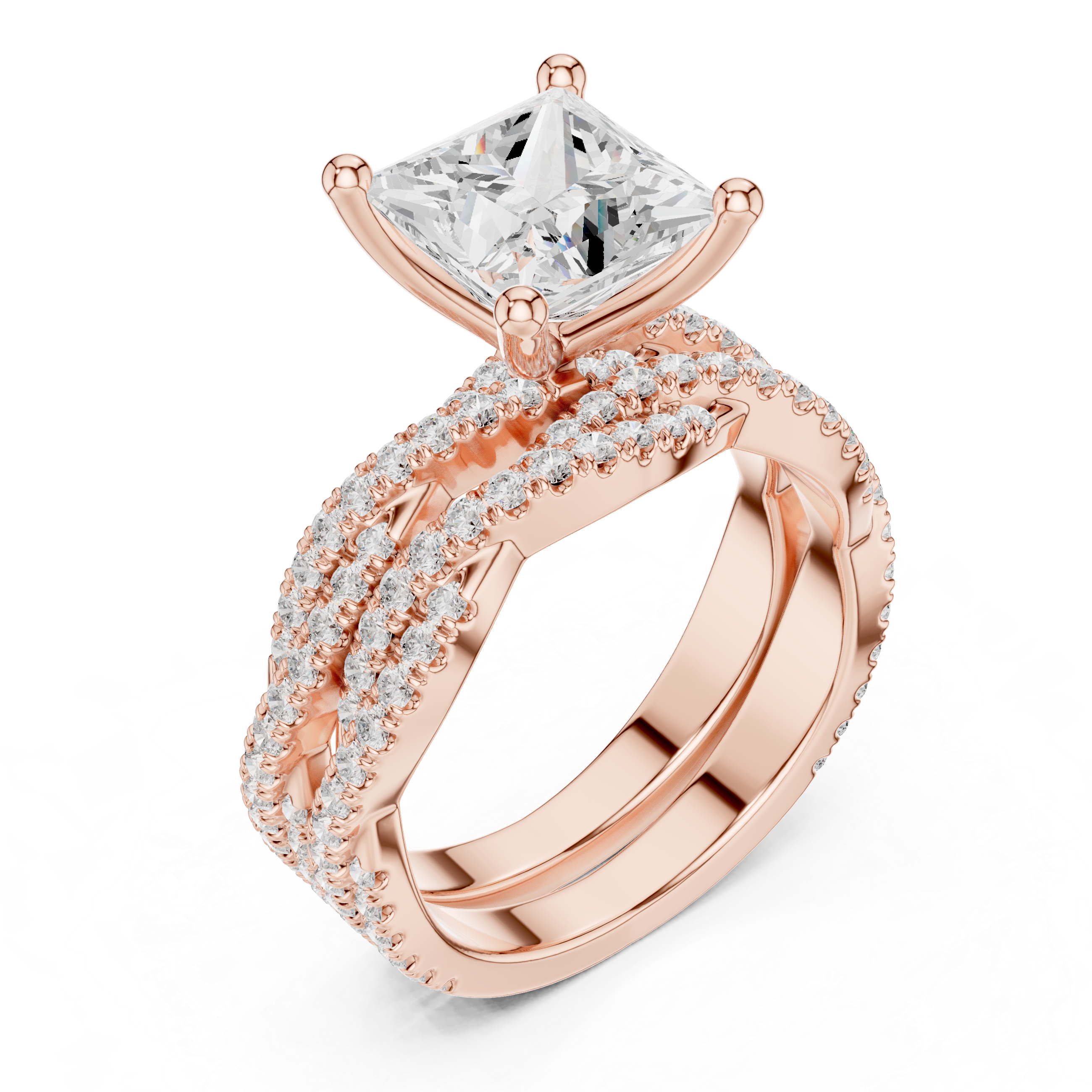 Princess Cut Triple Row Pavé Split Shank Engagement Ring