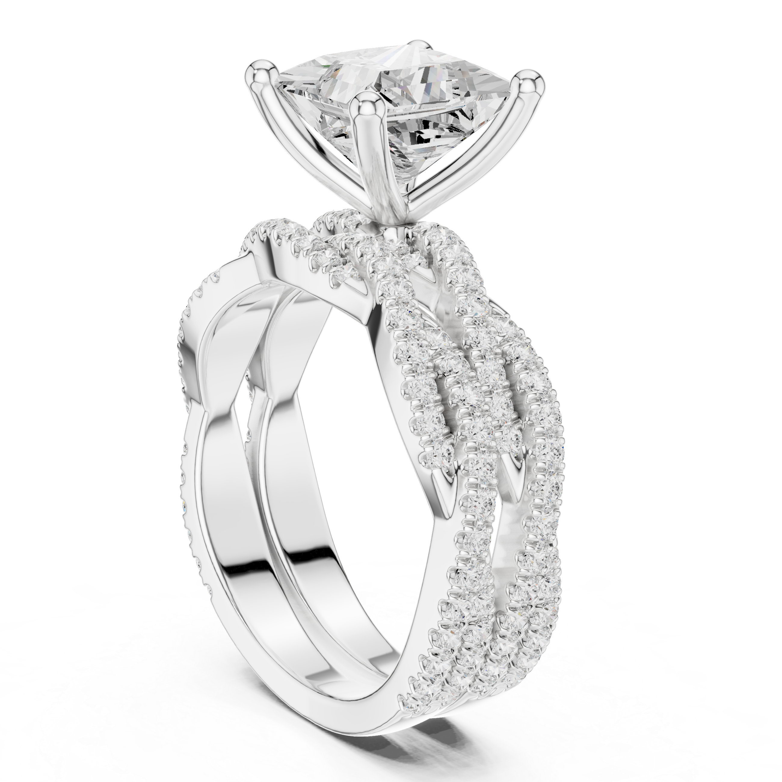 Princess Cut Triple Row Pavé Split Shank Engagement Ring