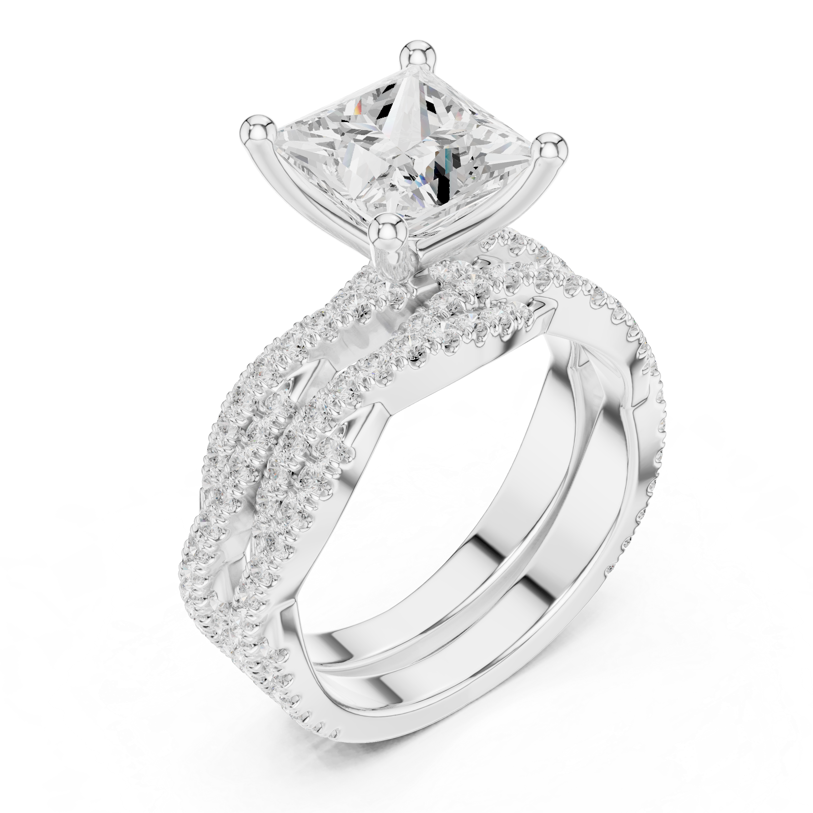 Princess Cut Triple Row Pavé Split Shank Engagement Ring