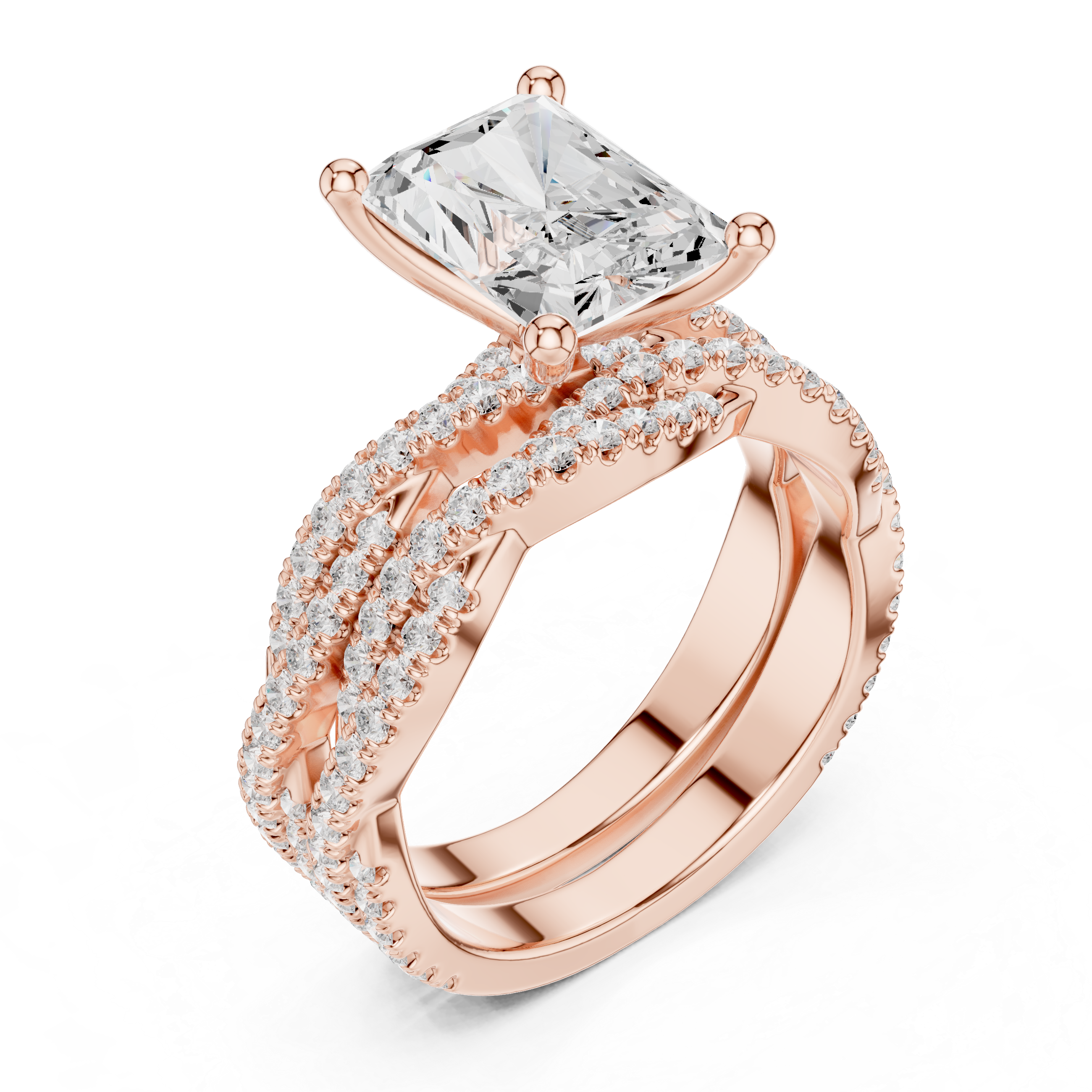 Radiant Cut Triple Row Pavé Split Shank Engagement Ring